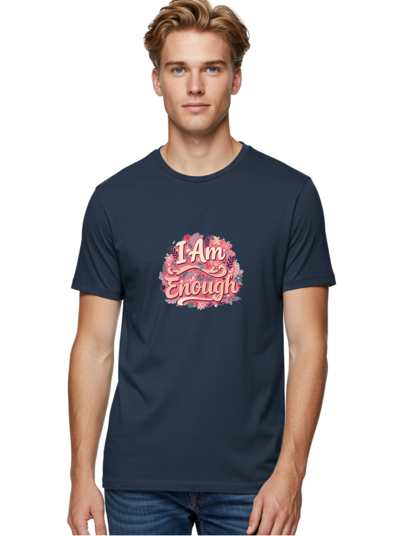 I-Am-Enough-1 Men'S Graphic Tee, 100% Cotton, Comfortable Casual Summer Wear, Machine Washable, Motivational Quote, Affirmation, Floral Design, Feminine Typography, Empowerment, Self-Love, Pink Flowers, Inspirational Art, Positive Thinking, Bae205