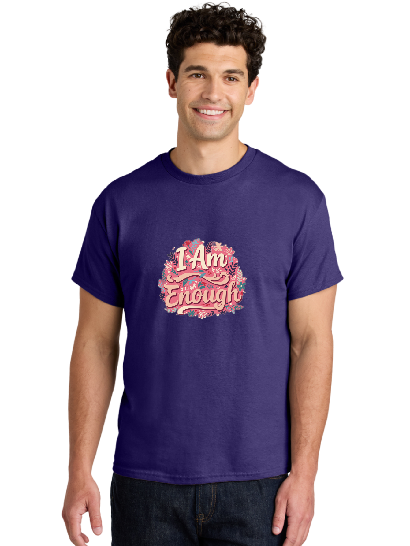 I-Am-Enough-1 Men'S Graphic Tee, 100% Cotton, Comfortable Casual Summer Wear, Machine Washable, Motivational Quote, Affirmation, Floral Design, Feminine Typography, Empowerment, Self-Love, Pink Flowers, Inspirational Art, Positive Thinking, Bae205
