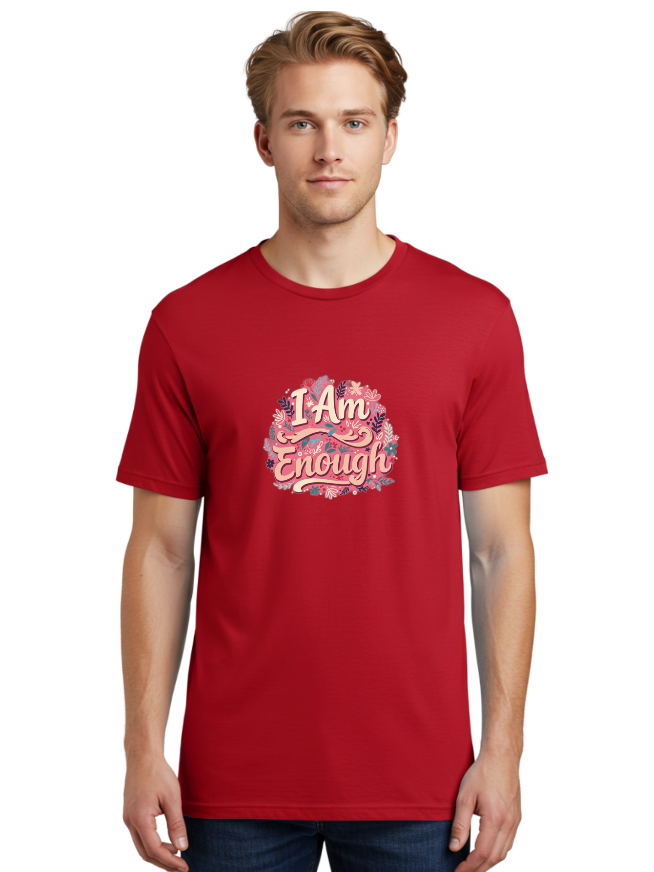 I-Am-Enough-1 Men'S Graphic Tee, 100% Cotton, Comfortable Casual Summer Wear, Machine Washable, Motivational Quote, Affirmation, Floral Design, Feminine Typography, Empowerment, Self-Love, Pink Flowers, Inspirational Art, Positive Thinking, Bae205