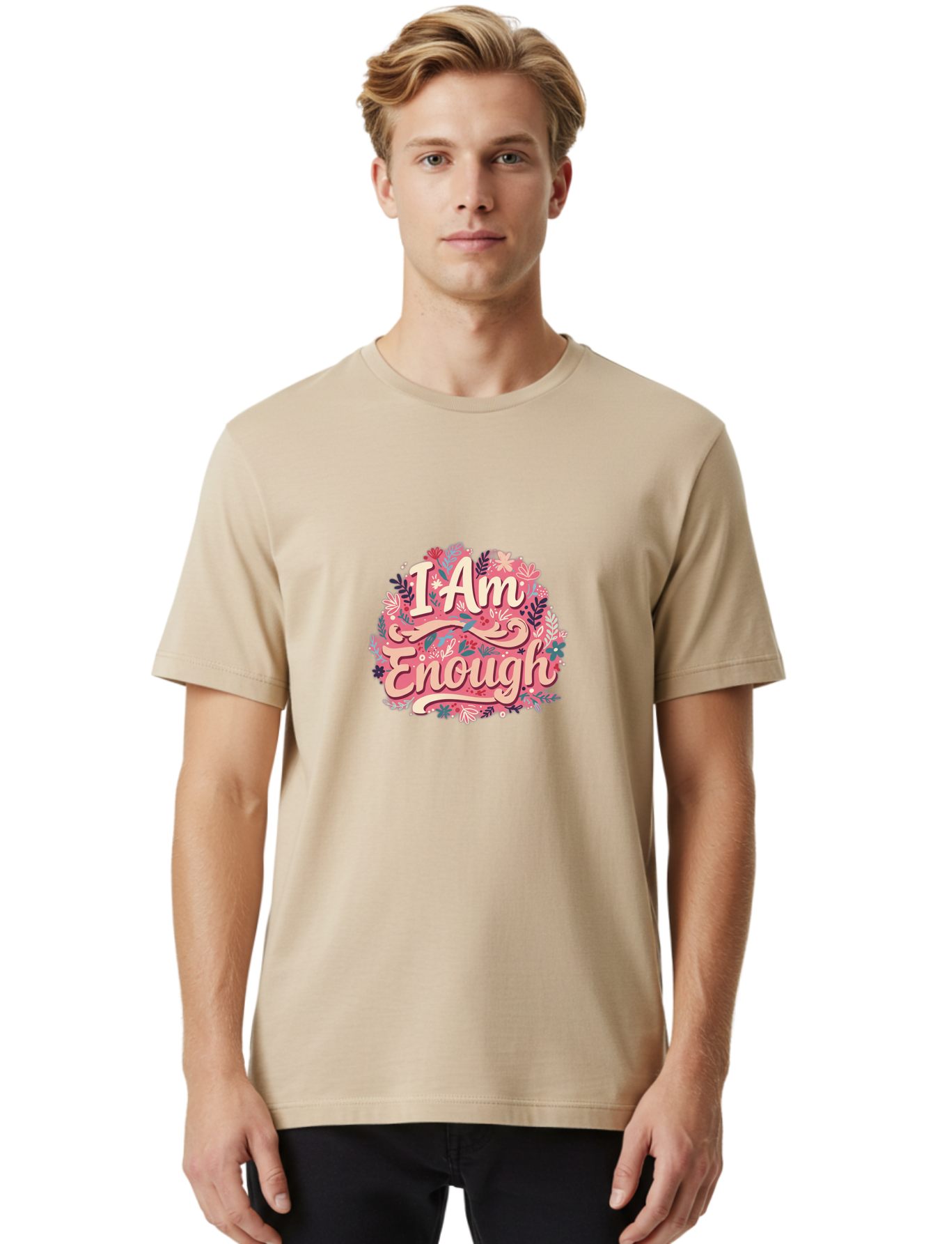 I-Am-Enough-1 Men'S Graphic Tee, 100% Cotton, Comfortable Casual Summer Wear, Machine Washable, Motivational Quote, Affirmation, Floral Design, Feminine Typography, Empowerment, Self-Love, Pink Flowers, Inspirational Art, Positive Thinking, Bae205