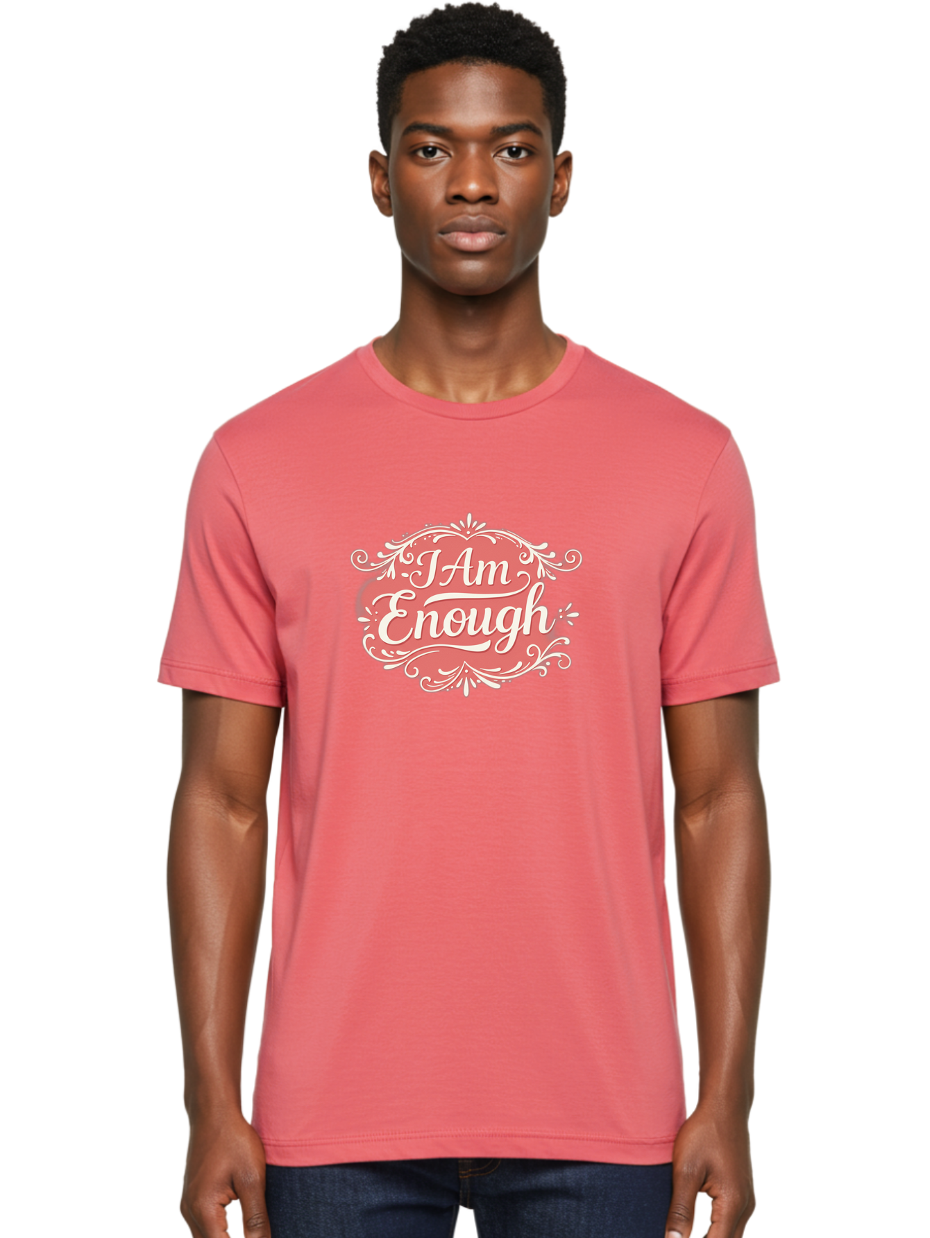 I-Am-Enough-3 Men'S Graphic Tee, 100% Cotton, Comfortable Casual Summer Wear, Machine Washable, Positive Affirmation, Self Love, Empowerment, Motivational Quote, Inspirational Message, Pink And White Design, Floral Elements, Bae207