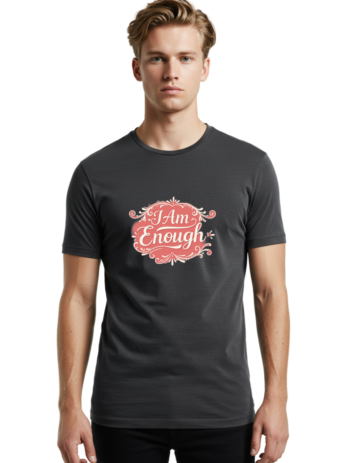 I-Am-Enough-3 Men'S Graphic Tee, 100% Cotton, Comfortable Casual Summer Wear, Machine Washable, Positive Affirmation, Self Love, Empowerment, Motivational Quote, Inspirational Message, Pink And White Design, Floral Elements, Bae207