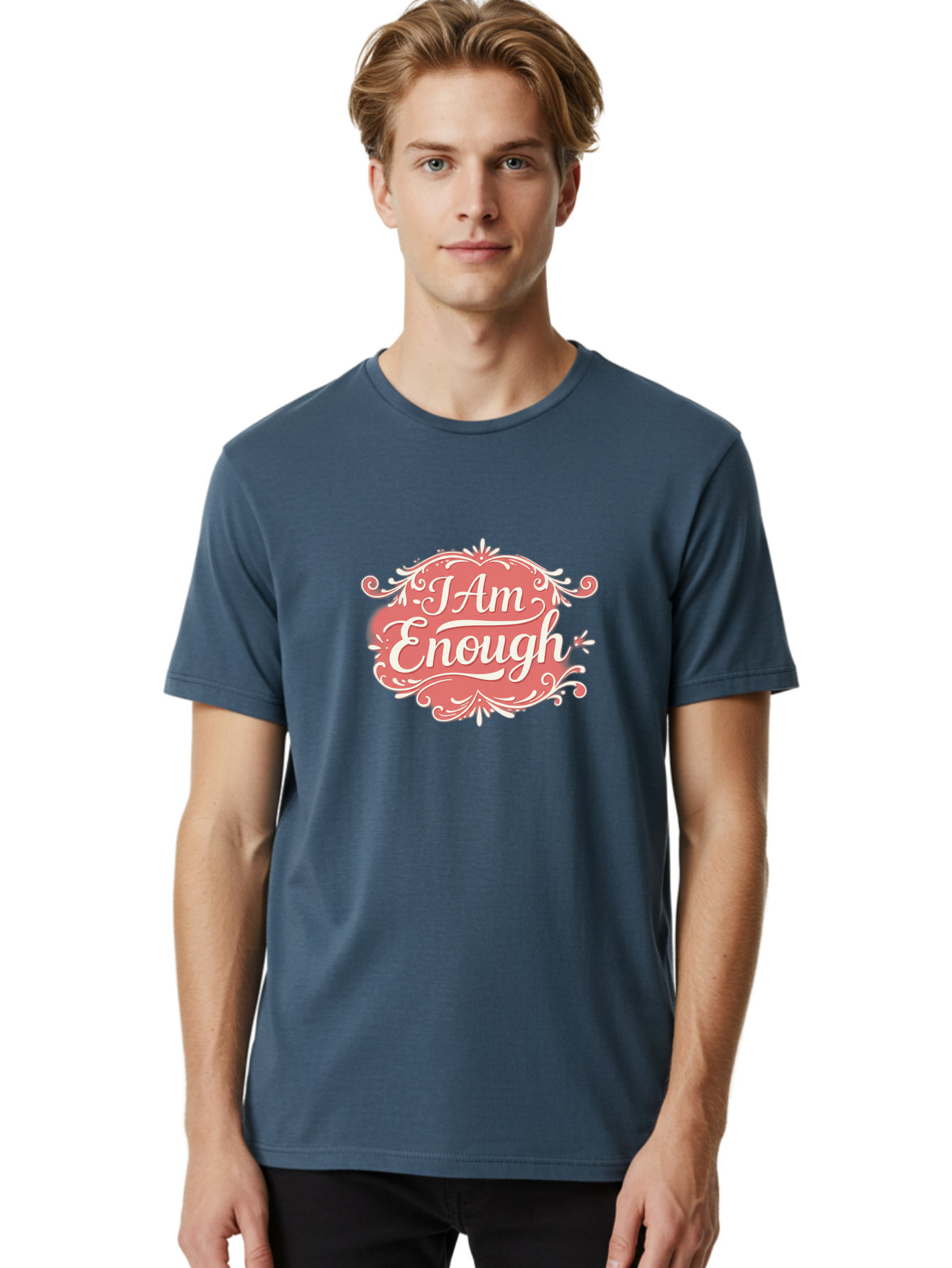 I-Am-Enough-3 Men'S Graphic Tee, 100% Cotton, Comfortable Casual Summer Wear, Machine Washable, Positive Affirmation, Self Love, Empowerment, Motivational Quote, Inspirational Message, Pink And White Design, Floral Elements, Bae207