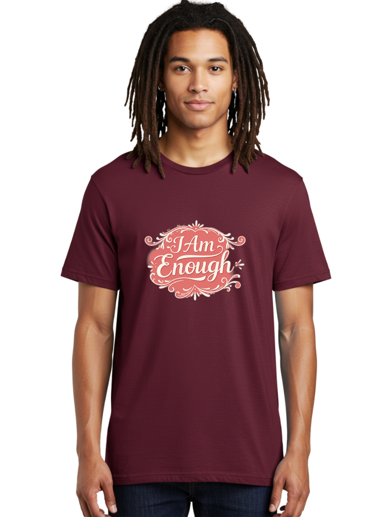 I-Am-Enough-3 Men'S Graphic Tee, 100% Cotton, Comfortable Casual Summer Wear, Machine Washable, Positive Affirmation, Self Love, Empowerment, Motivational Quote, Inspirational Message, Pink And White Design, Floral Elements, Bae207