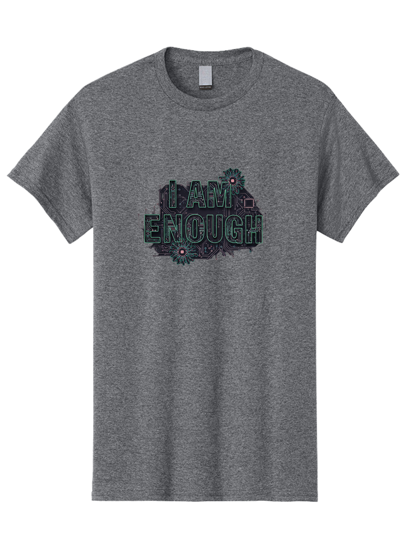 I-Am-Enough-5 Men'S Graphic Tee, 100% Cotton, Comfortable Casual Summer Wear, Machine Washable, Circuit Board Design, Self-Empowerment Message, Motivational Quote, Positive Affirmation, Floral Elements, Tech-Meets-Nature, Confidence Booster Bae209
