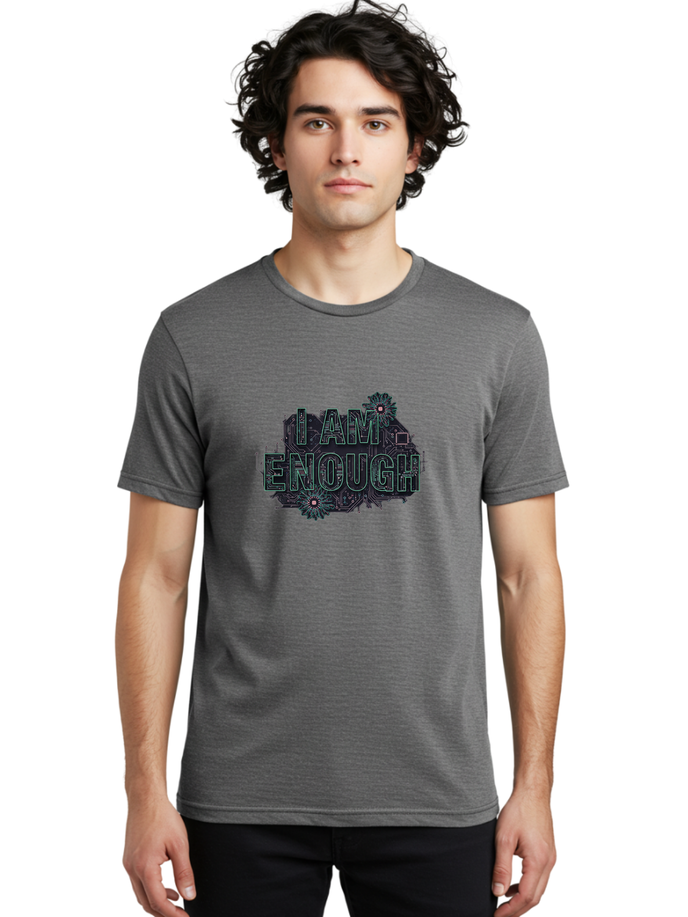 I-Am-Enough-5 Men'S Graphic Tee, 100% Cotton, Comfortable Casual Summer Wear, Machine Washable, Circuit Board Design, Self-Empowerment Message, Motivational Quote, Positive Affirmation, Floral Elements, Tech-Meets-Nature, Confidence Booster Bae209
