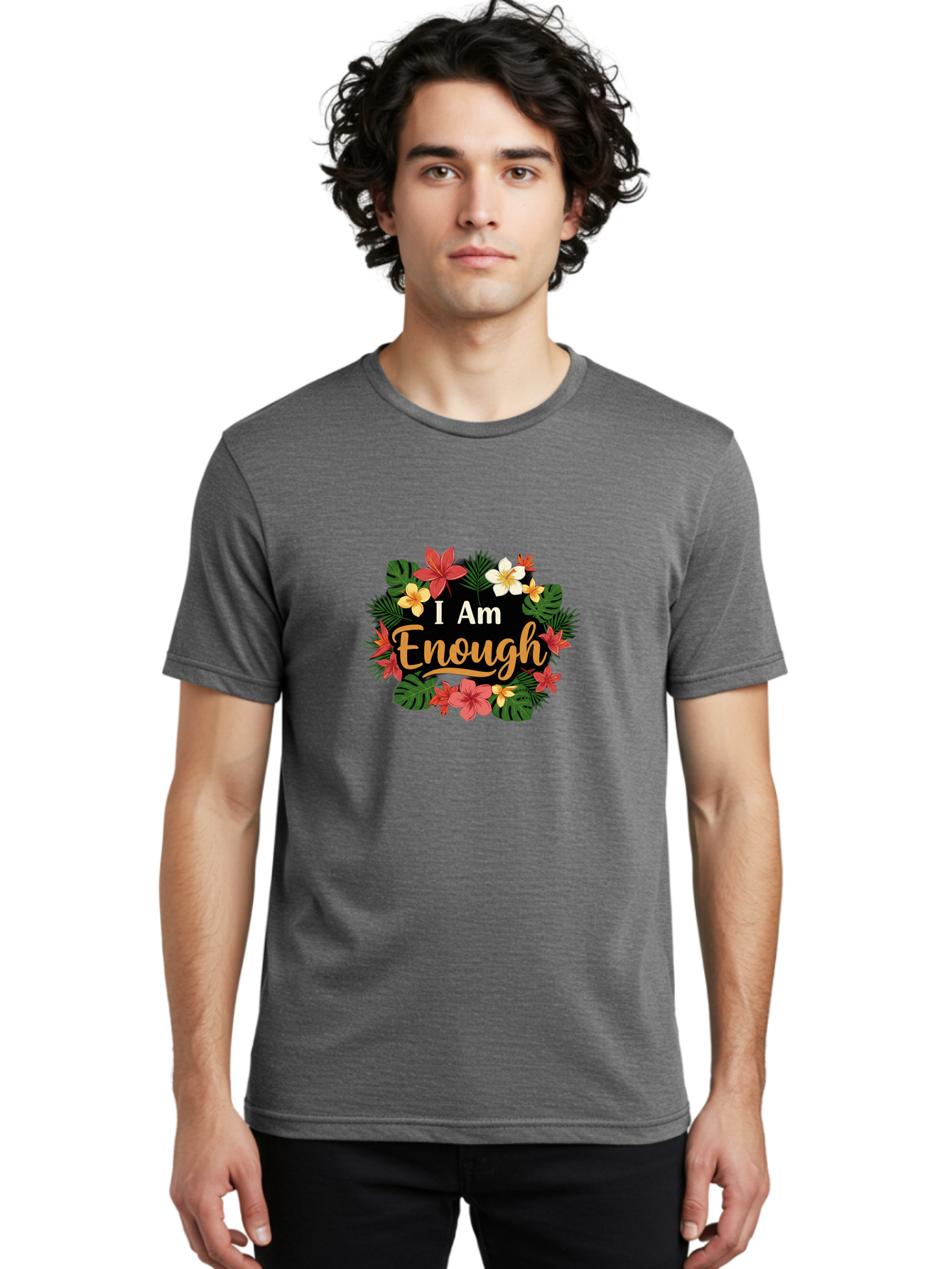 I-Am-Enough-6 Men'S Graphic Tee, 100% Cotton, Comfortable Casual Summer Wear, Machine Washable, Motivational Quote, Floral Wreath, Affirmation, Self-Love, Empowerment, Inspirational Quote, Positive Vibes, Tropical Flowers, Leaves Bae210