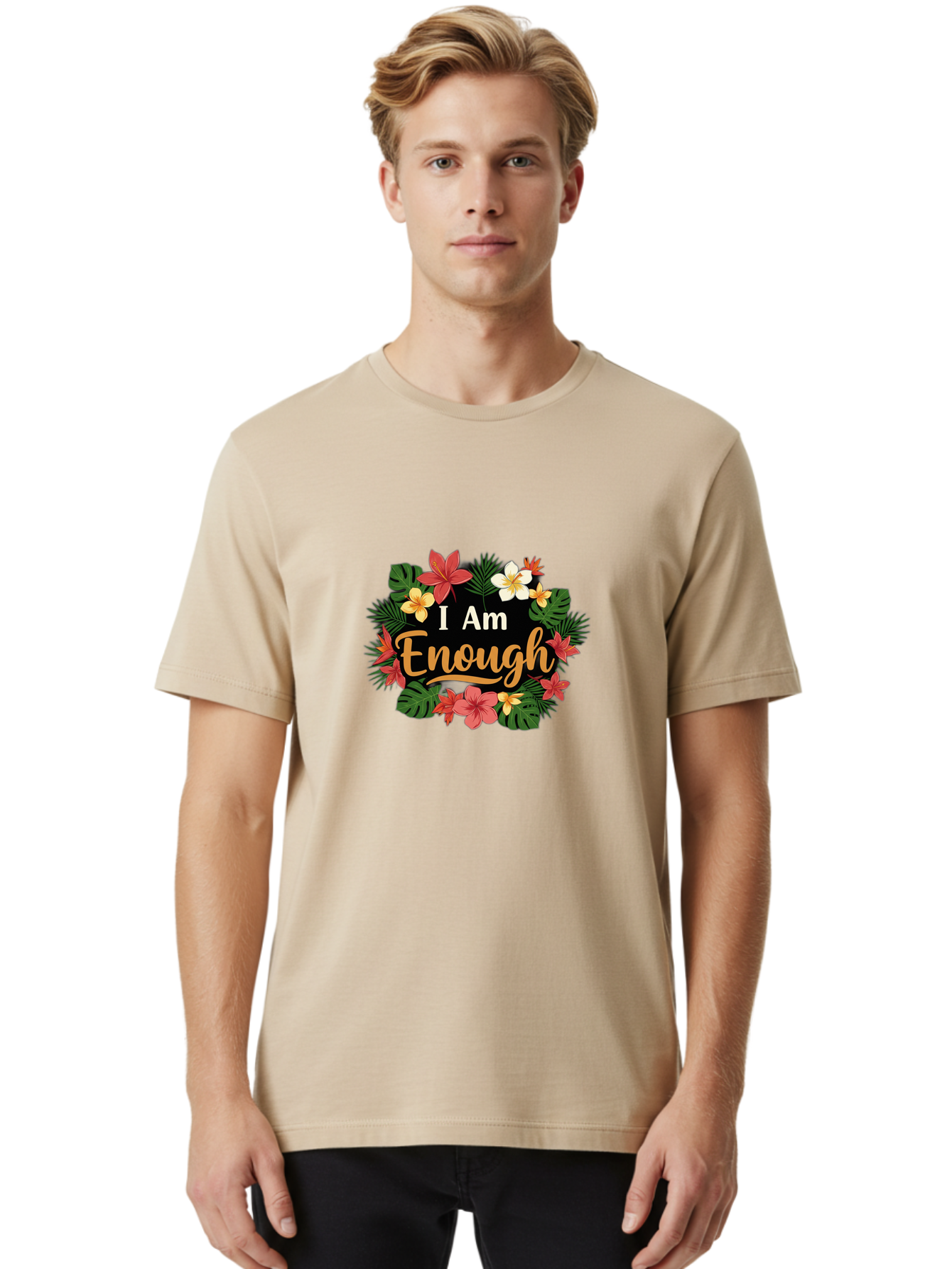 I-Am-Enough-6 Men'S Graphic Tee, 100% Cotton, Comfortable Casual Summer Wear, Machine Washable, Motivational Quote, Floral Wreath, Affirmation, Self-Love, Empowerment, Inspirational Quote, Positive Vibes, Tropical Flowers, Leaves Bae210