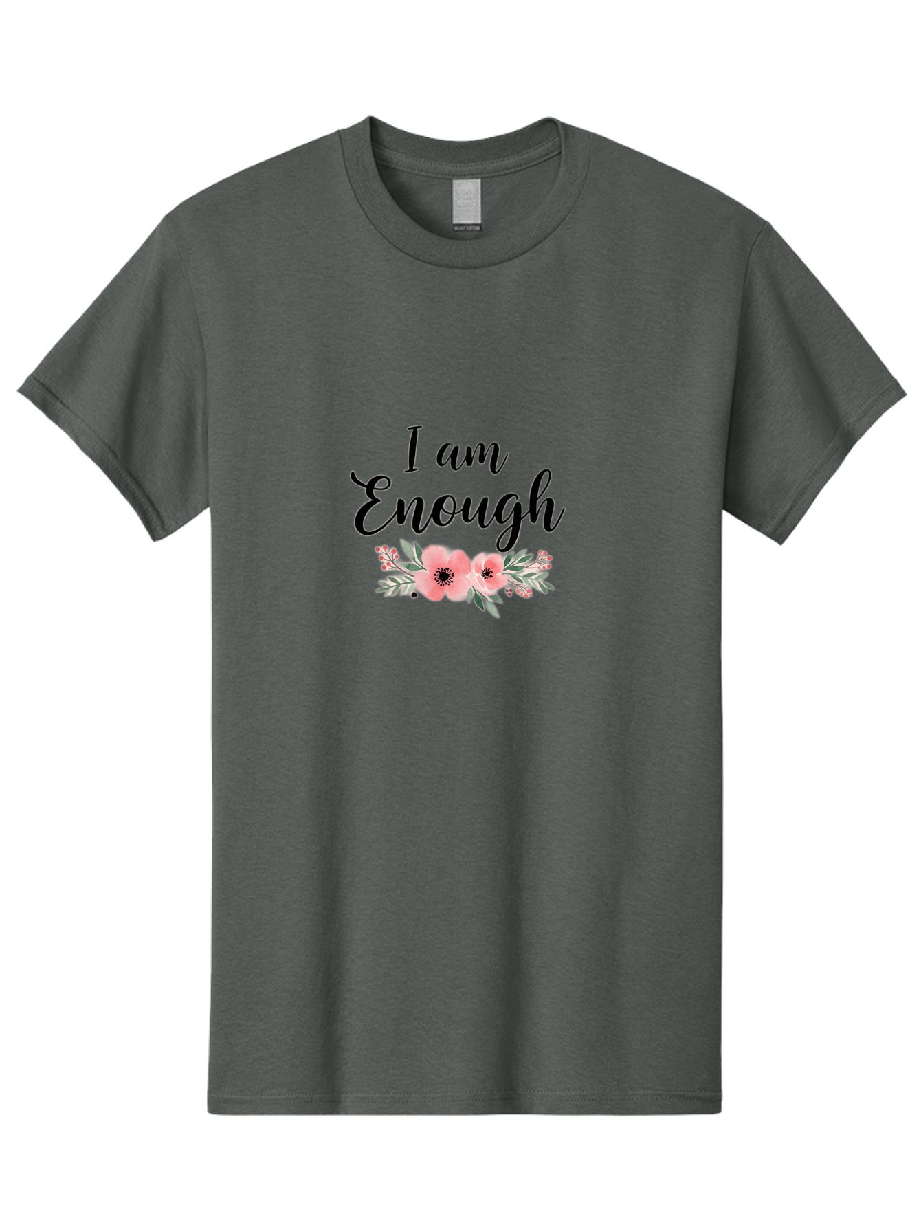 I-Am-Enough Men'S Graphic Tee, 100% Cotton, Comfortable Casual Summer Wear, Machine Washable, Positive Affirmation, Floral Design, Pink Flowers, Motivational Quote, Self Love, Empowerment, Black Lettering, Inspirational Message, Lovely Flowers Bae211
