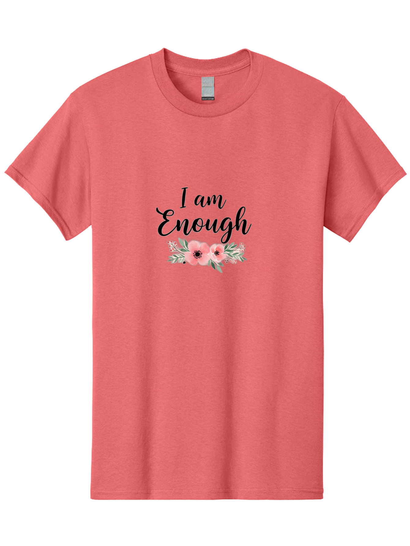 I-Am-Enough Men'S Graphic Tee, 100% Cotton, Comfortable Casual Summer Wear, Machine Washable, Positive Affirmation, Floral Design, Pink Flowers, Motivational Quote, Self Love, Empowerment, Black Lettering, Inspirational Message, Lovely Flowers Bae211