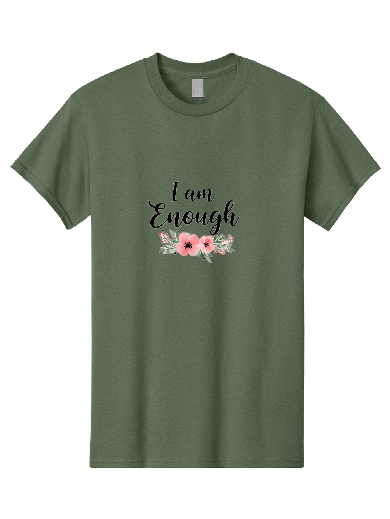 I-Am-Enough Men'S Graphic Tee, 100% Cotton, Comfortable Casual Summer Wear, Machine Washable, Positive Affirmation, Floral Design, Pink Flowers, Motivational Quote, Self Love, Empowerment, Black Lettering, Inspirational Message, Lovely Flowers Bae211