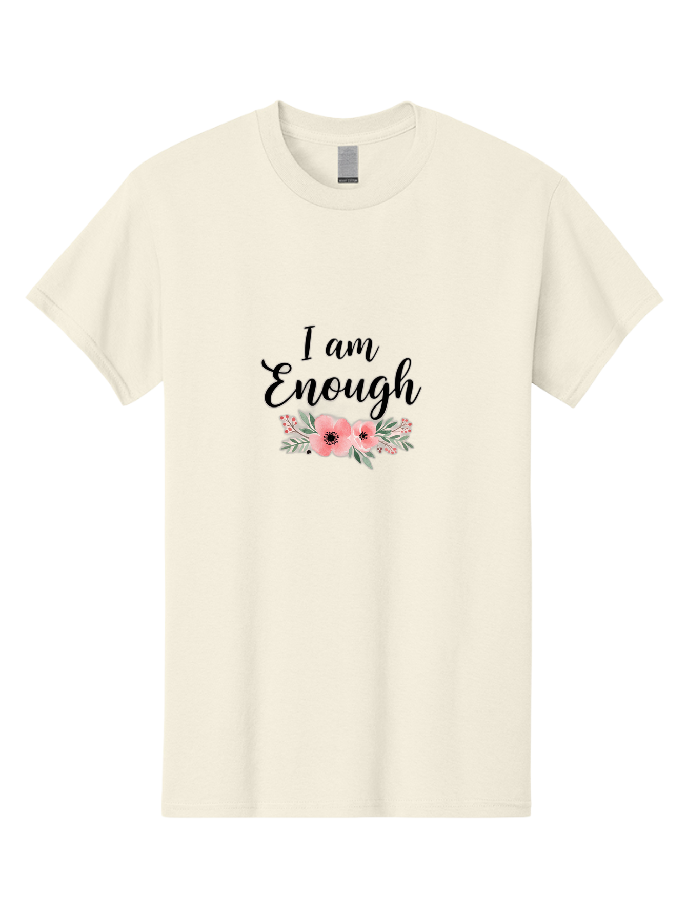 I-Am-Enough Men'S Graphic Tee, 100% Cotton, Comfortable Casual Summer Wear, Machine Washable, Positive Affirmation, Floral Design, Pink Flowers, Motivational Quote, Self Love, Empowerment, Black Lettering, Inspirational Message, Lovely Flowers Bae211