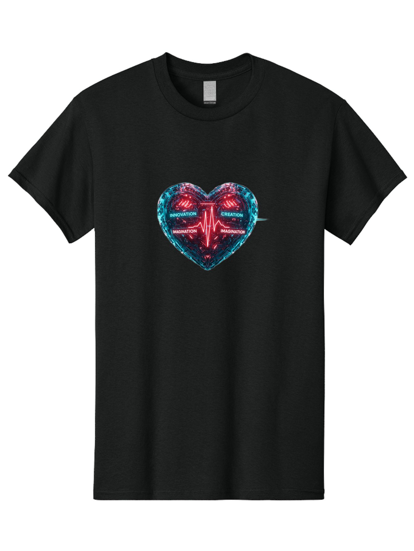 Innovation-Creation-Imagination Men'S Graphic Tee, 100% Cotton, Comfortable Casual Summer Wear, Machine Washable, Heart Shape, Circuit Board Design, Pulsating Heartbeat, Innovation, Creation, Imagination, Blue And Red Neon Lights, Bae212