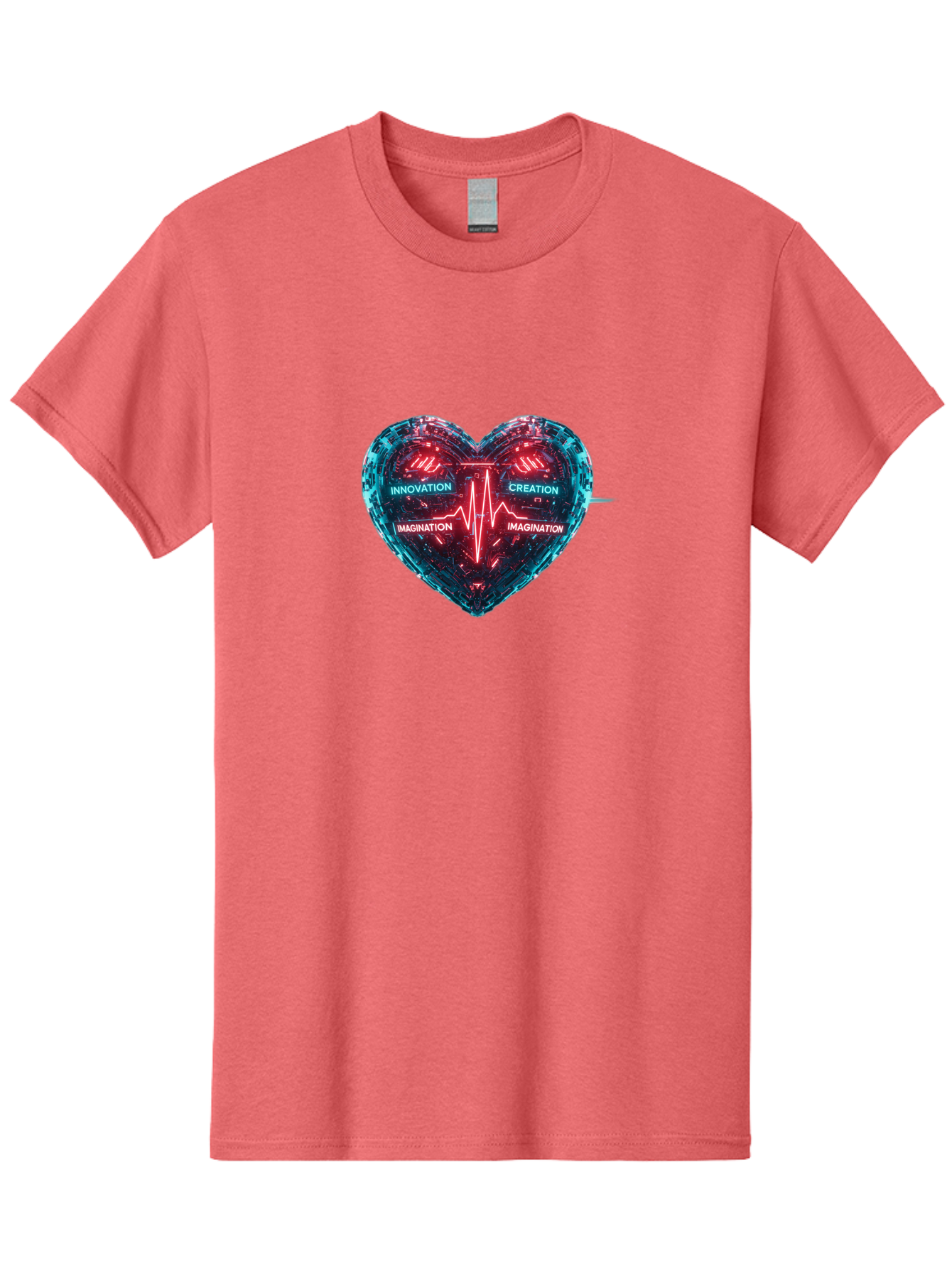 Innovation-Creation-Imagination Men'S Graphic Tee, 100% Cotton, Comfortable Casual Summer Wear, Machine Washable, Heart Shape, Circuit Board Design, Pulsating Heartbeat, Innovation, Creation, Imagination, Blue And Red Neon Lights, Bae212