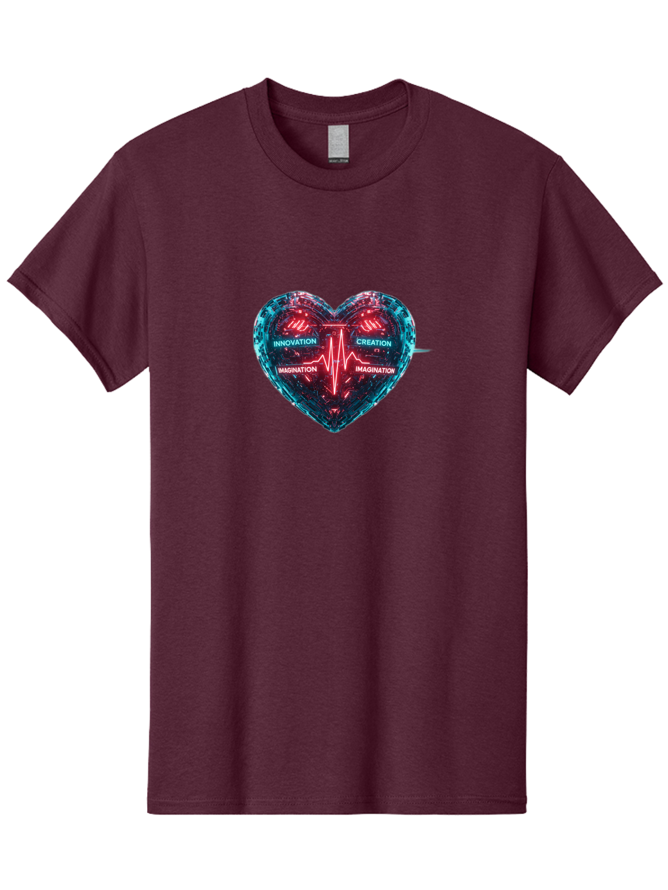 Innovation-Creation-Imagination Men'S Graphic Tee, 100% Cotton, Comfortable Casual Summer Wear, Machine Washable, Heart Shape, Circuit Board Design, Pulsating Heartbeat, Innovation, Creation, Imagination, Blue And Red Neon Lights, Bae212