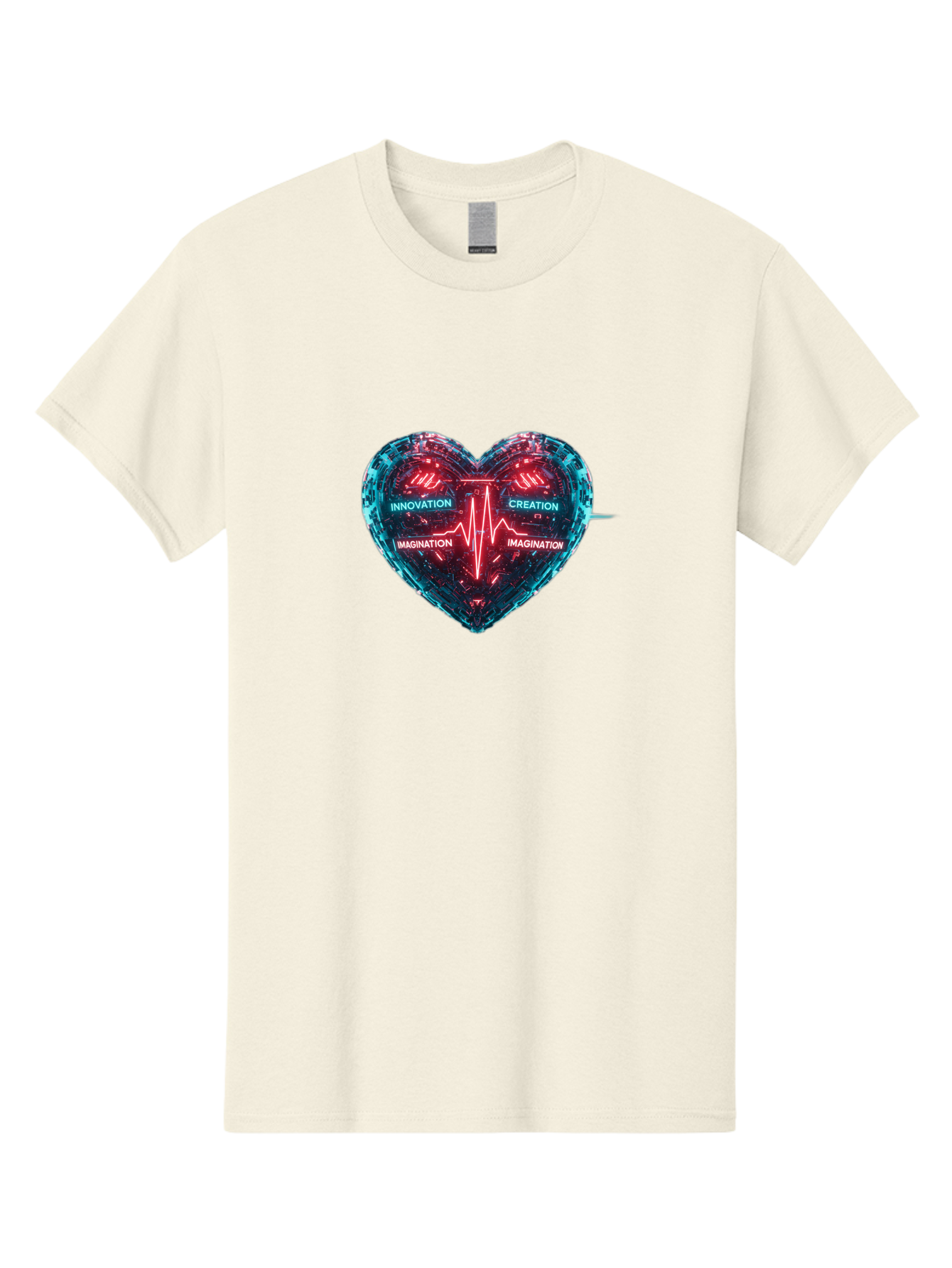 Innovation-Creation-Imagination Men'S Graphic Tee, 100% Cotton, Comfortable Casual Summer Wear, Machine Washable, Heart Shape, Circuit Board Design, Pulsating Heartbeat, Innovation, Creation, Imagination, Blue And Red Neon Lights, Bae212