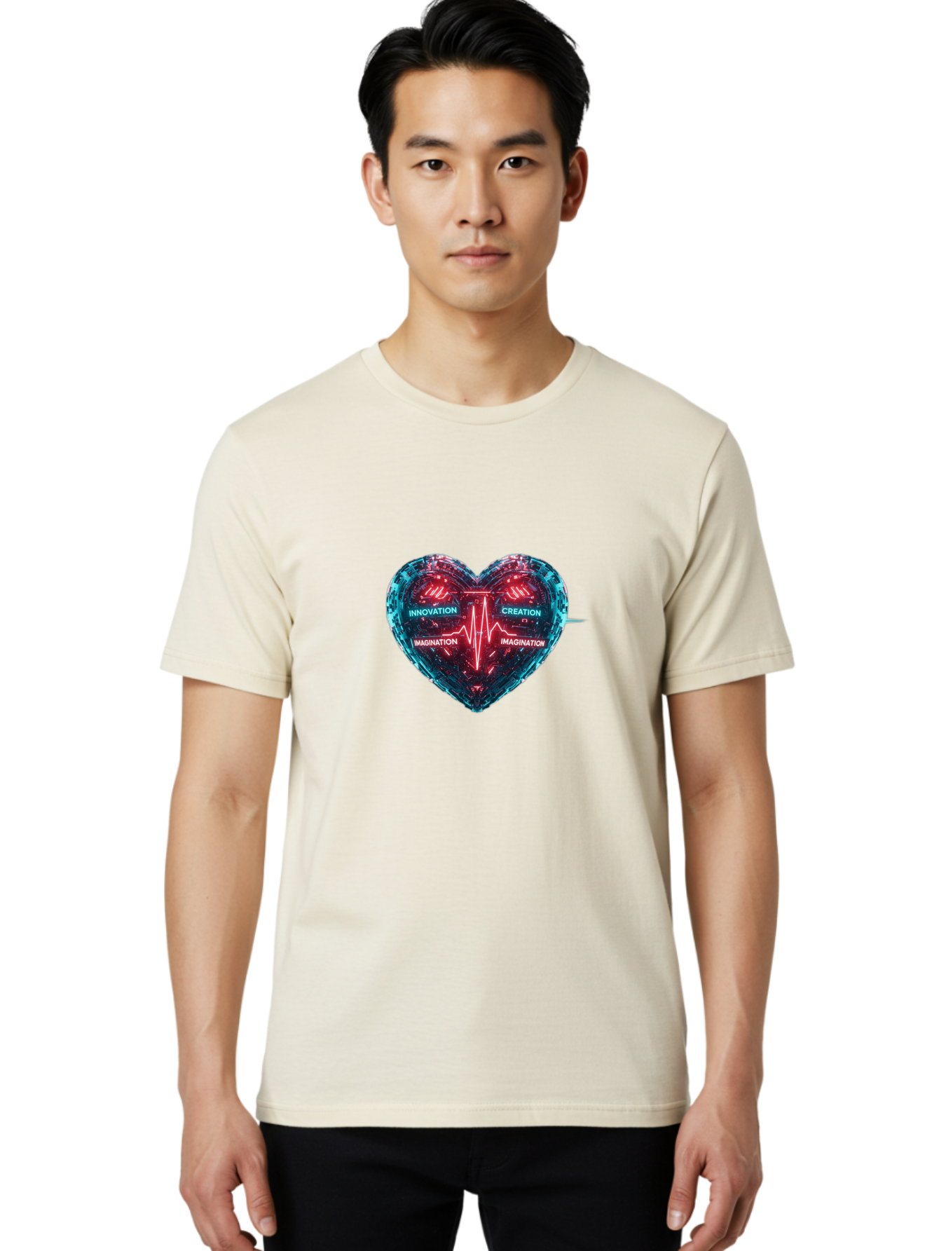 Innovation-Creation-Imagination Men'S Graphic Tee, 100% Cotton, Comfortable Casual Summer Wear, Machine Washable, Heart Shape, Circuit Board Design, Pulsating Heartbeat, Innovation, Creation, Imagination, Blue And Red Neon Lights, Bae212