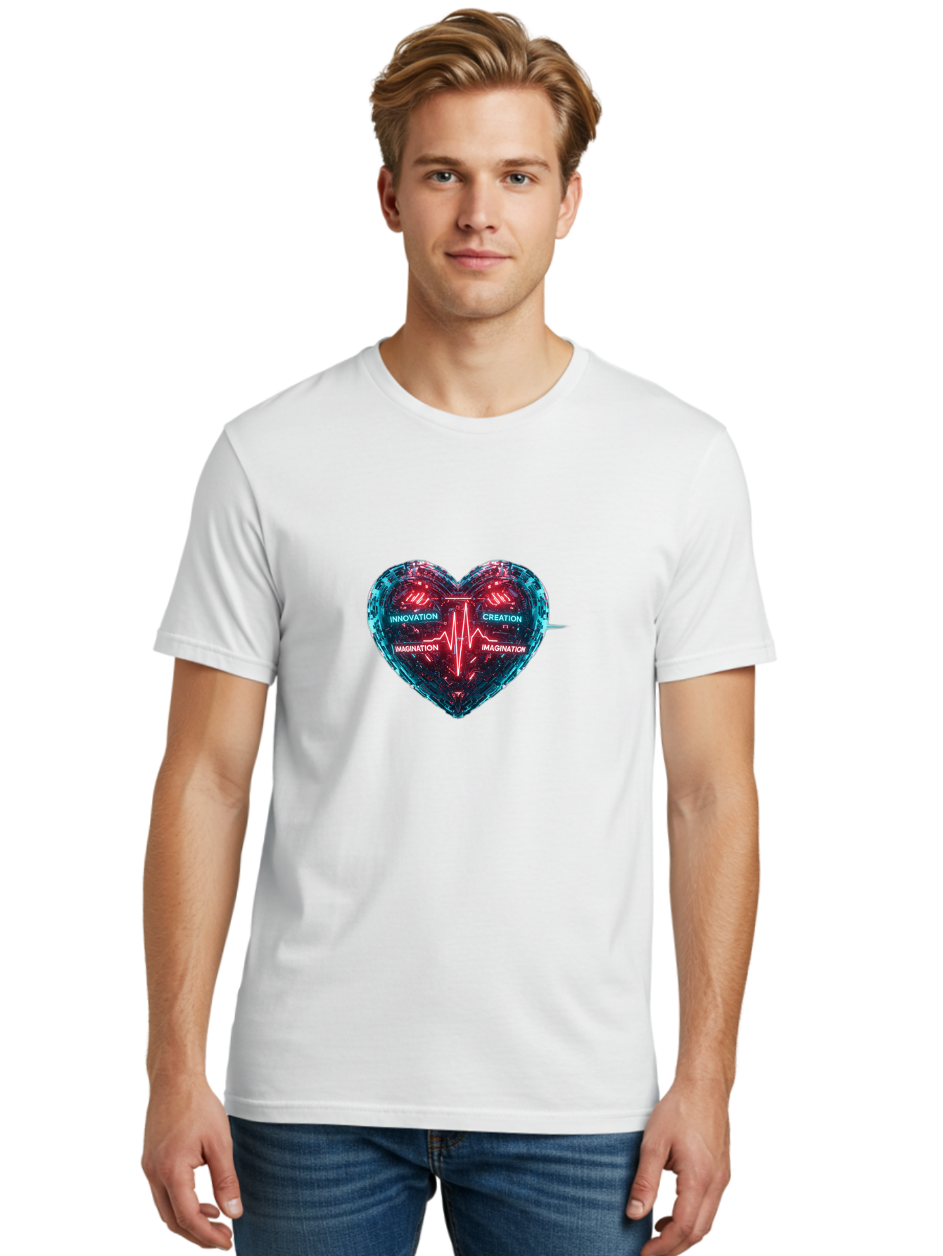 Innovation-Creation-Imagination Men'S Graphic Tee, 100% Cotton, Comfortable Casual Summer Wear, Machine Washable, Heart Shape, Circuit Board Design, Pulsating Heartbeat, Innovation, Creation, Imagination, Blue And Red Neon Lights, Bae212