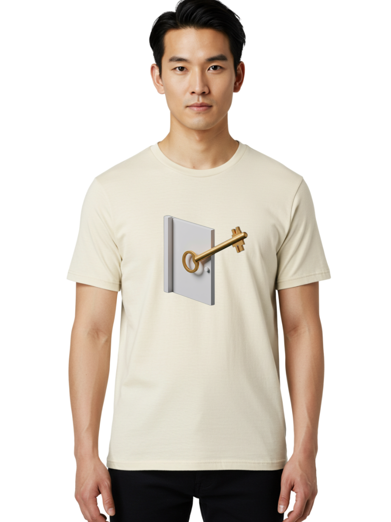 Key-In-Book Men'S Graphic Tee, 100% Cotton, Comfortable Casual Summer Wear, Machine Washable, Key In Door, Access Control, Security Solution, Locking Mechanism, Door Handle, 3D Rendering, Golden Key, White Door Bae213