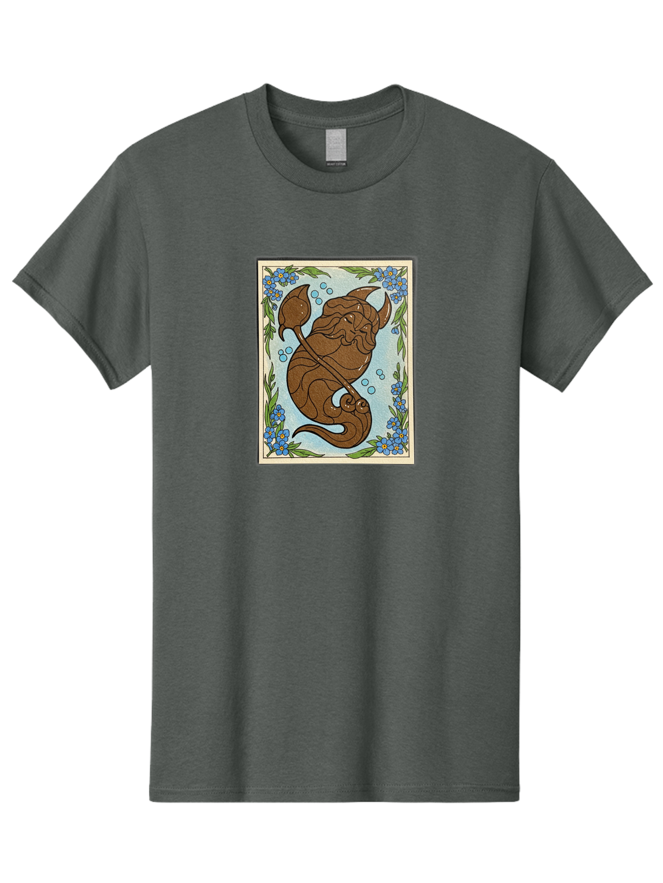King-Neptune Men'S Graphic Tee, 100% Cotton, Comfortable Casual Summer Wear, Machine Washable, Merman With Trident, Mythical Creature, Underwater Scene, Blue Flowers, Green Leaves, Aquatic Fantasy, Ocean Mythology, Sea God, Folklore Character, Bae214