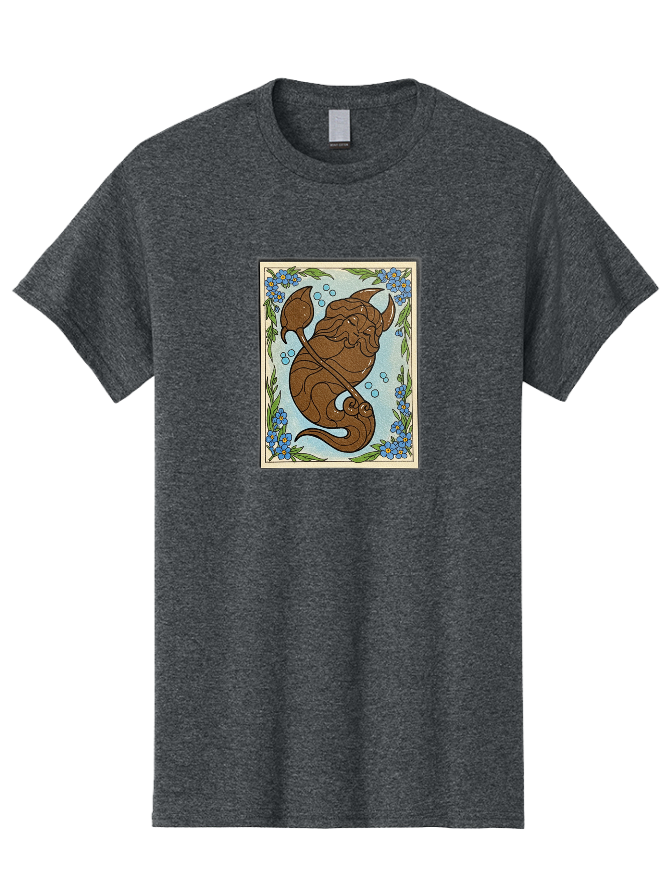 King-Neptune Men'S Graphic Tee, 100% Cotton, Comfortable Casual Summer Wear, Machine Washable, Merman With Trident, Mythical Creature, Underwater Scene, Blue Flowers, Green Leaves, Aquatic Fantasy, Ocean Mythology, Sea God, Folklore Character, Bae214