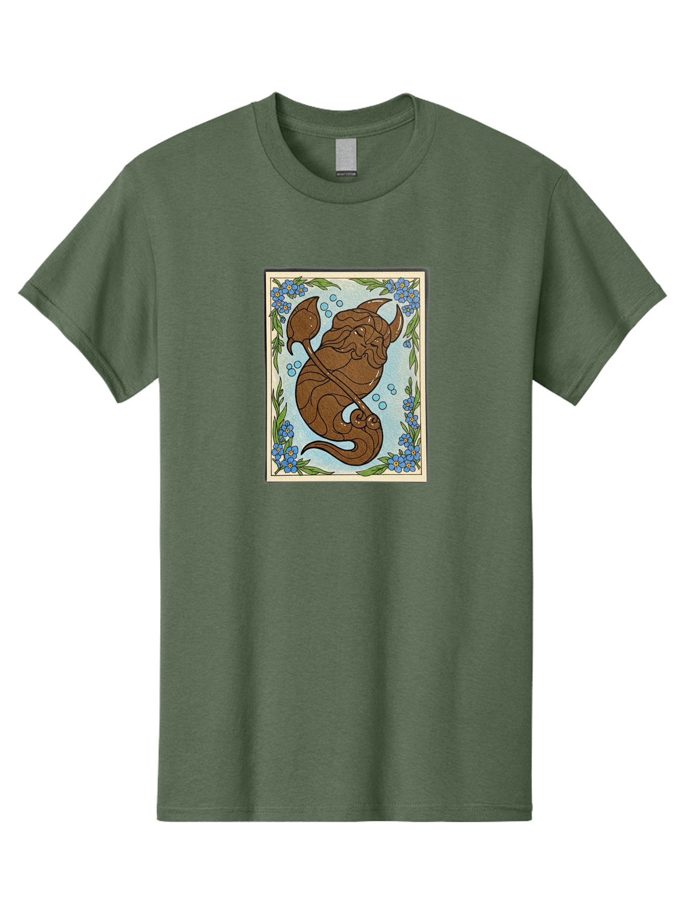 King-Neptune Men'S Graphic Tee, 100% Cotton, Comfortable Casual Summer Wear, Machine Washable, Merman With Trident, Mythical Creature, Underwater Scene, Blue Flowers, Green Leaves, Aquatic Fantasy, Ocean Mythology, Sea God, Folklore Character, Bae214
