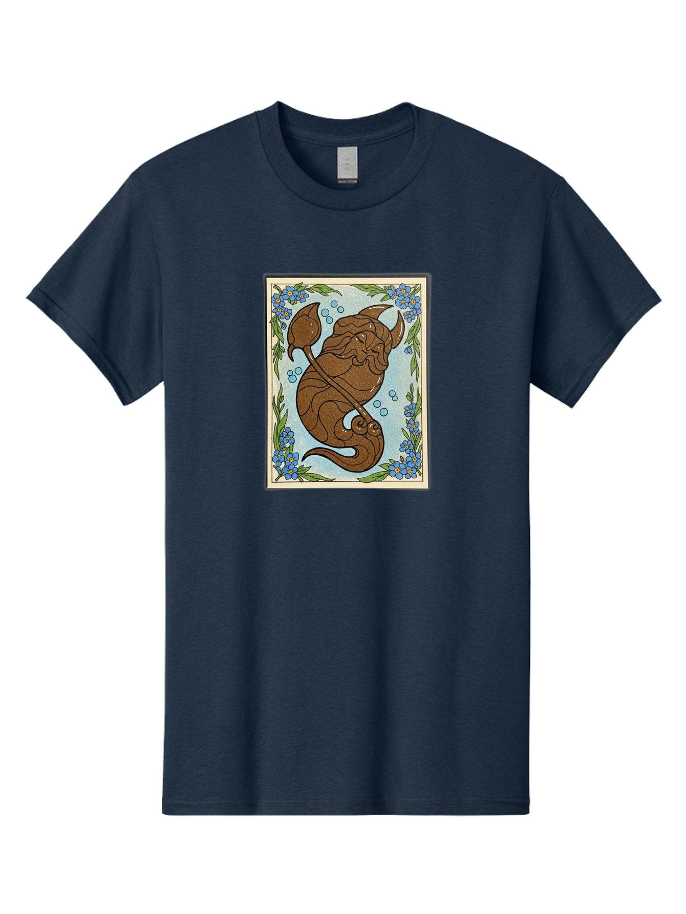 King-Neptune Men'S Graphic Tee, 100% Cotton, Comfortable Casual Summer Wear, Machine Washable, Merman With Trident, Mythical Creature, Underwater Scene, Blue Flowers, Green Leaves, Aquatic Fantasy, Ocean Mythology, Sea God, Folklore Character, Bae214