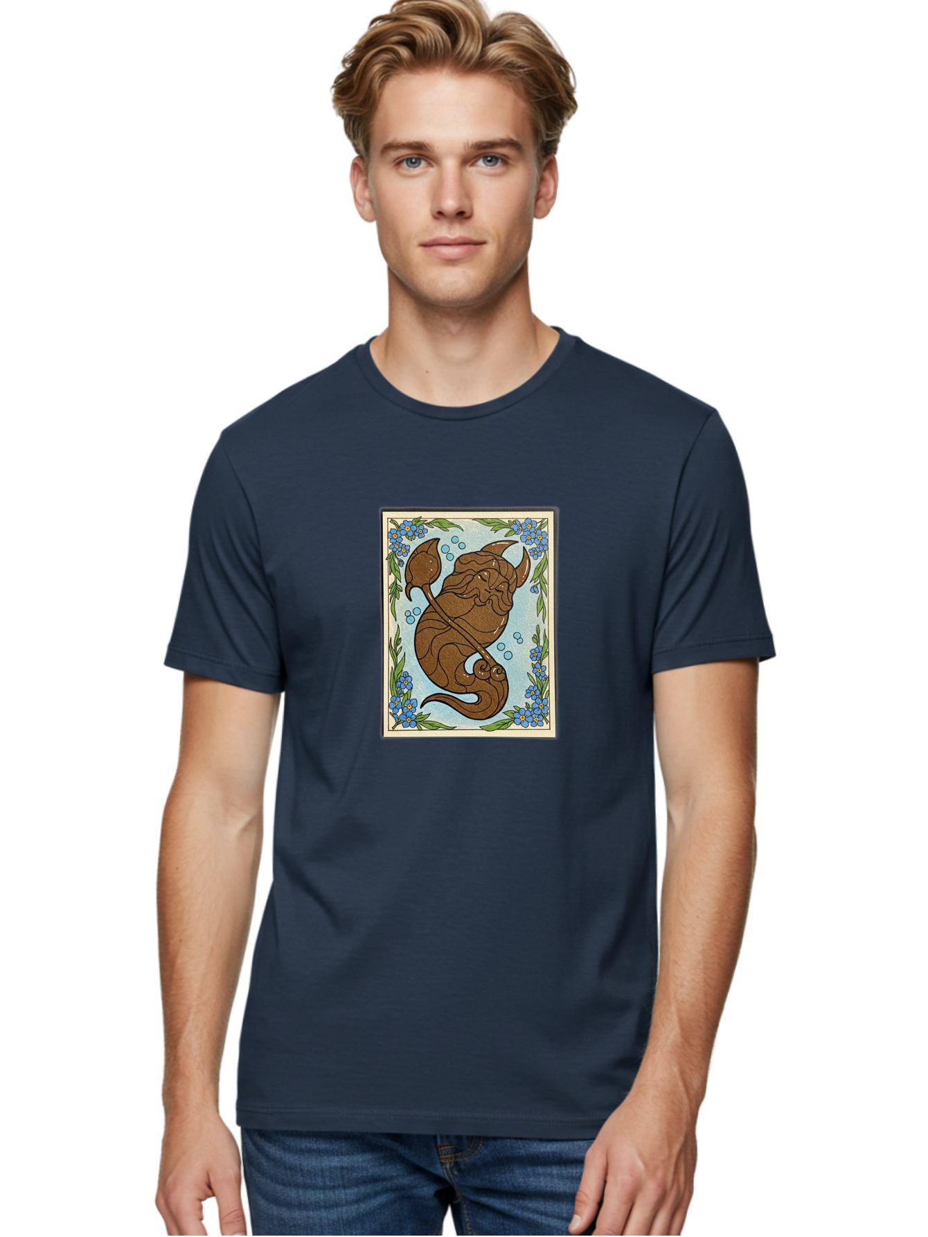 King-Neptune Men'S Graphic Tee, 100% Cotton, Comfortable Casual Summer Wear, Machine Washable, Merman With Trident, Mythical Creature, Underwater Scene, Blue Flowers, Green Leaves, Aquatic Fantasy, Ocean Mythology, Sea God, Folklore Character, Bae214