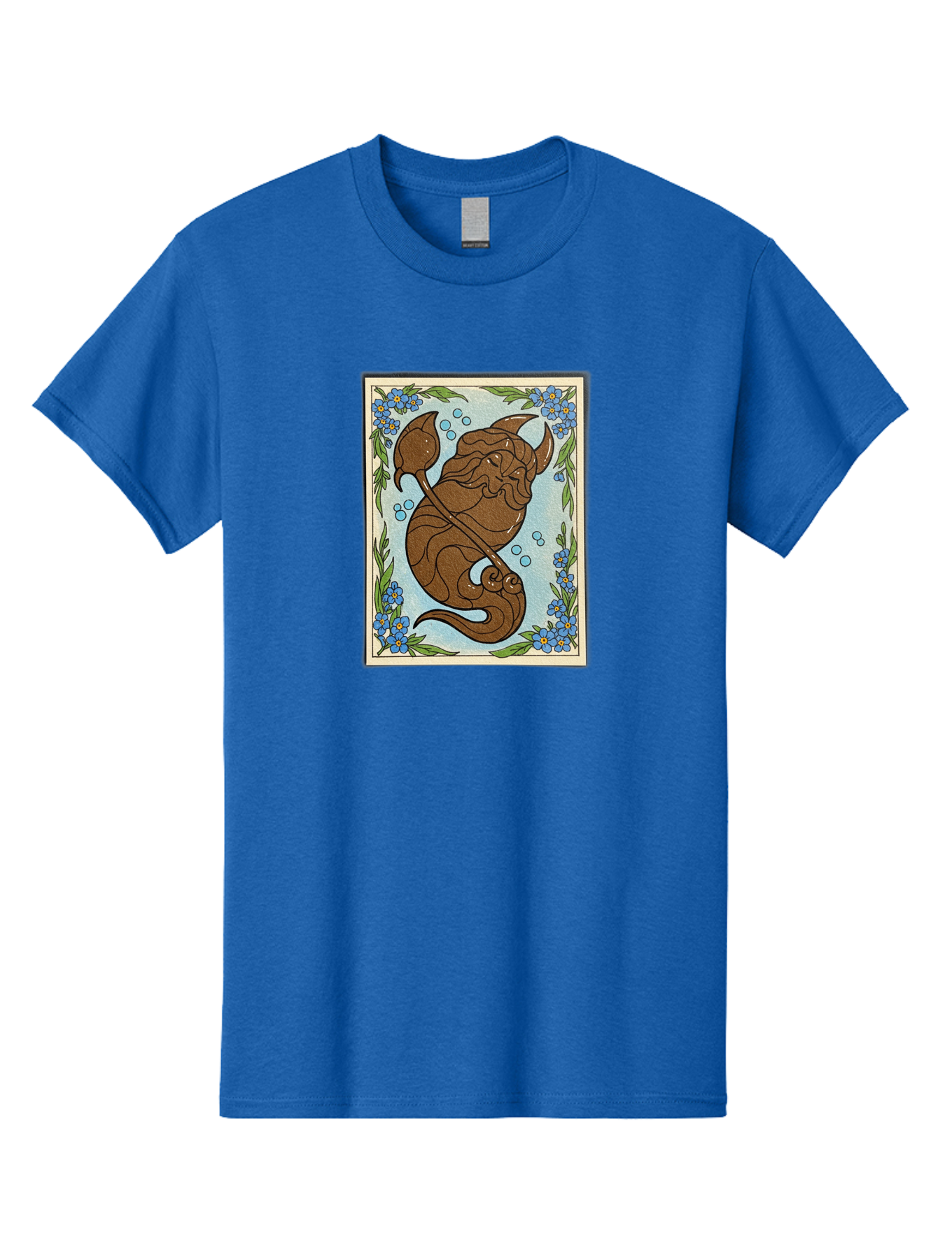 King-Neptune Men'S Graphic Tee, 100% Cotton, Comfortable Casual Summer Wear, Machine Washable, Merman With Trident, Mythical Creature, Underwater Scene, Blue Flowers, Green Leaves, Aquatic Fantasy, Ocean Mythology, Sea God, Folklore Character, Bae214