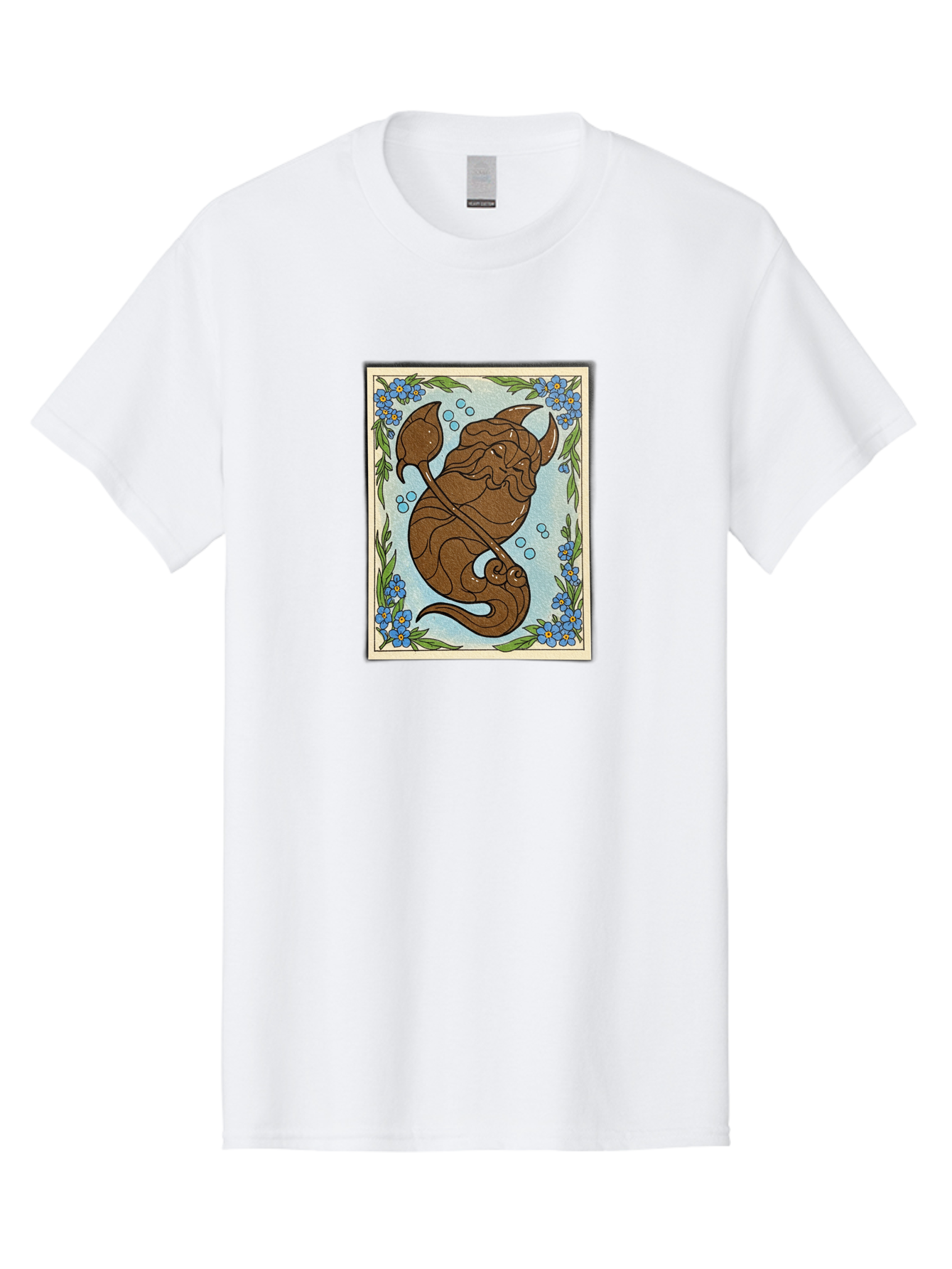 King-Neptune Men'S Graphic Tee, 100% Cotton, Comfortable Casual Summer Wear, Machine Washable, Merman With Trident, Mythical Creature, Underwater Scene, Blue Flowers, Green Leaves, Aquatic Fantasy, Ocean Mythology, Sea God, Folklore Character, Bae214