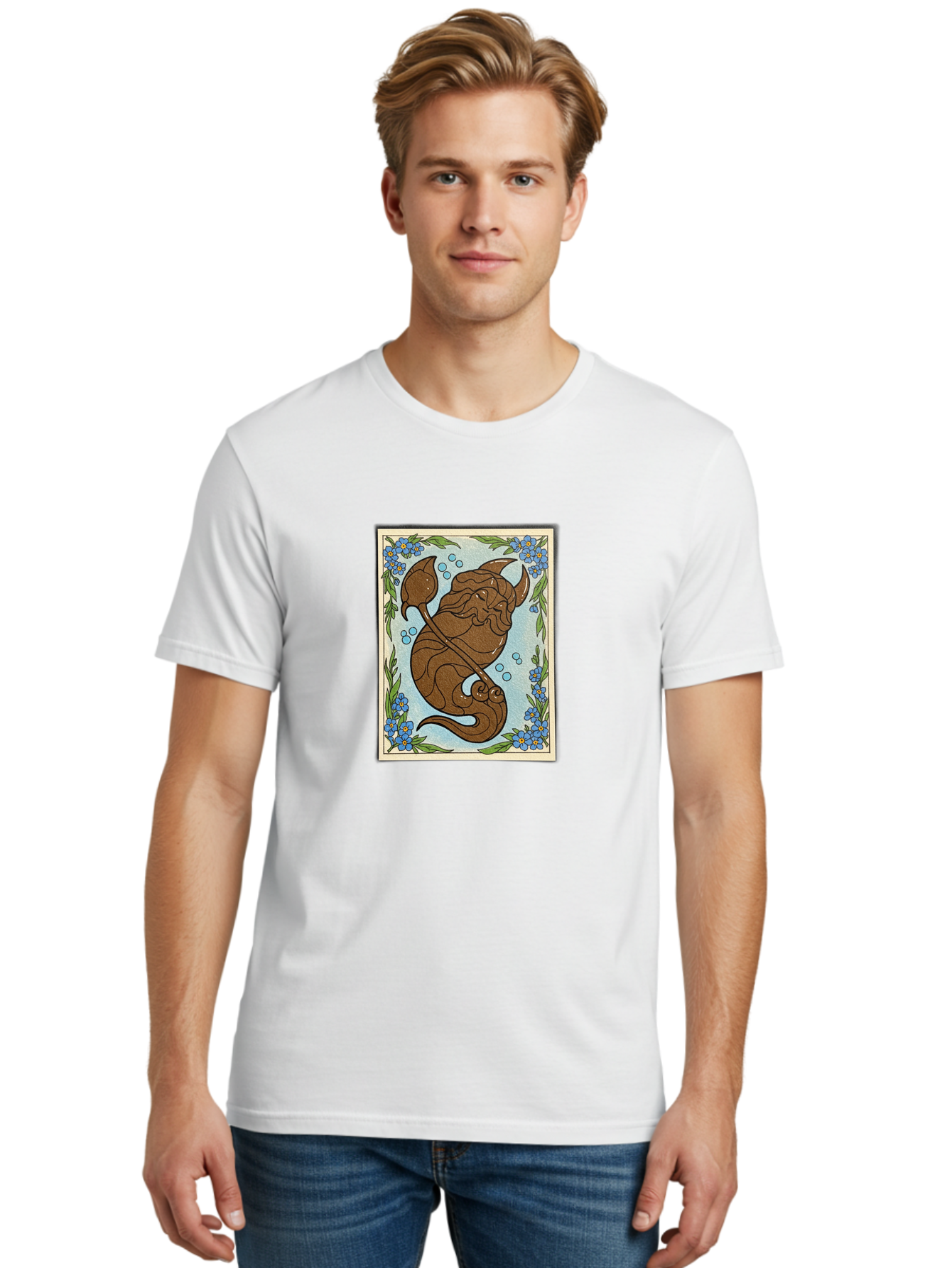 King-Neptune Men'S Graphic Tee, 100% Cotton, Comfortable Casual Summer Wear, Machine Washable, Merman With Trident, Mythical Creature, Underwater Scene, Blue Flowers, Green Leaves, Aquatic Fantasy, Ocean Mythology, Sea God, Folklore Character, Bae214