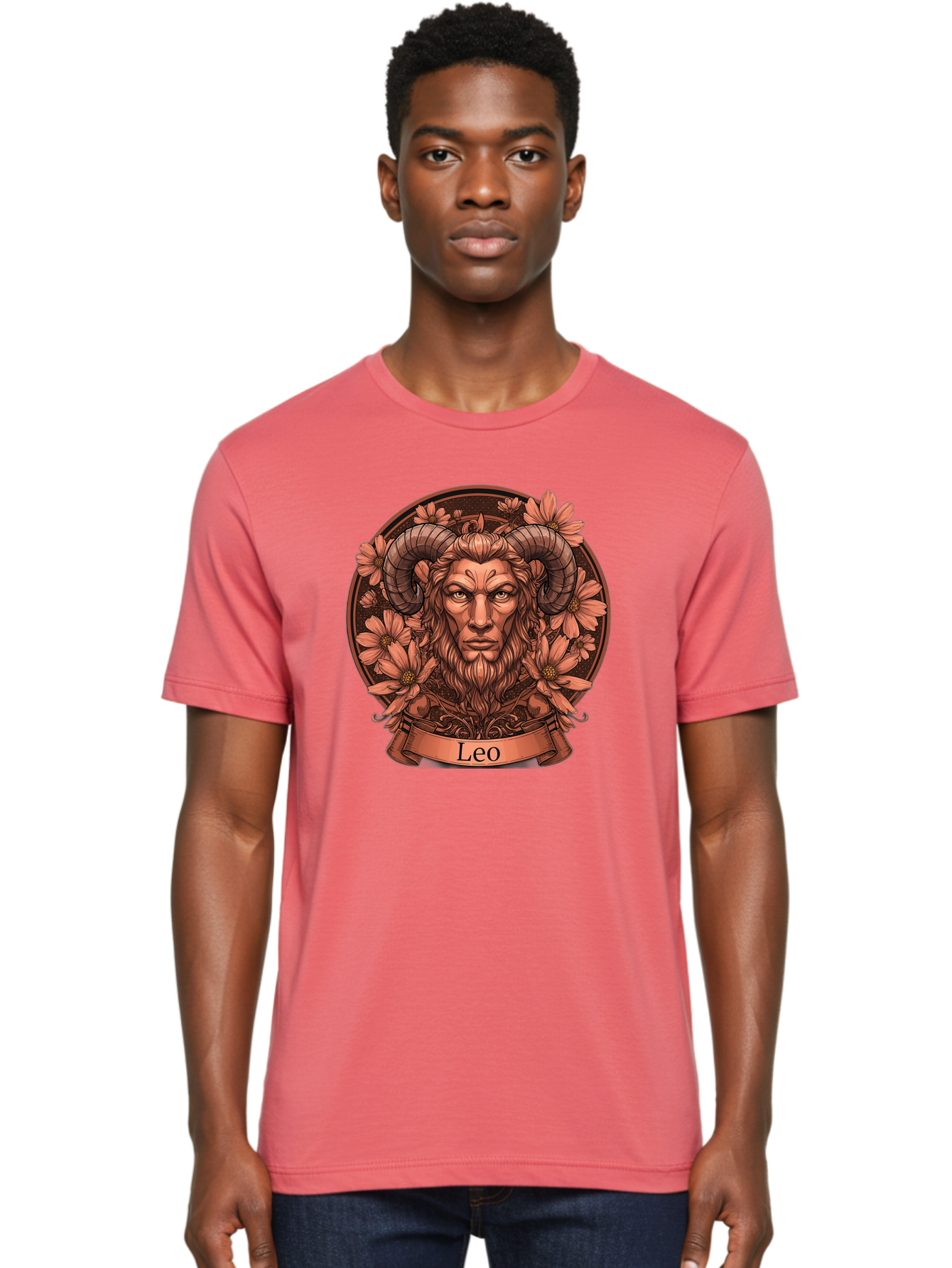 Leo-Zodiac Men'S Graphic Tee, 100% Cotton, Comfortable Casual Summer Wear, Machine Washable, Zodiac Sign, Astrological Symbol, Leo Horoscope, Mythical Creature, Floral Design, Ornate Illustration, Symbolic Representation, Mystical Art, Bae215