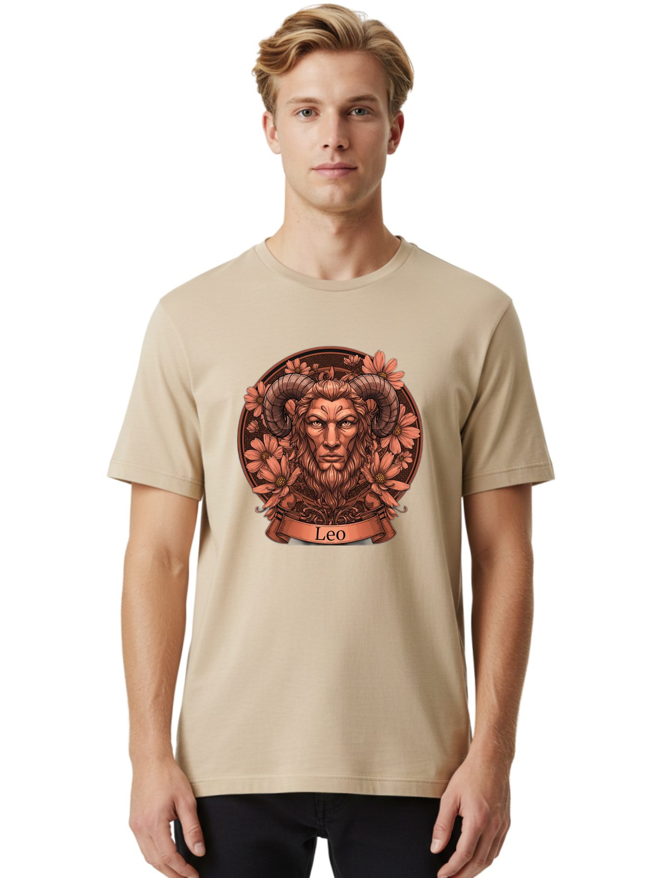 Leo-Zodiac Men'S Graphic Tee, 100% Cotton, Comfortable Casual Summer Wear, Machine Washable, Zodiac Sign, Astrological Symbol, Leo Horoscope, Mythical Creature, Floral Design, Ornate Illustration, Symbolic Representation, Mystical Art, Bae215