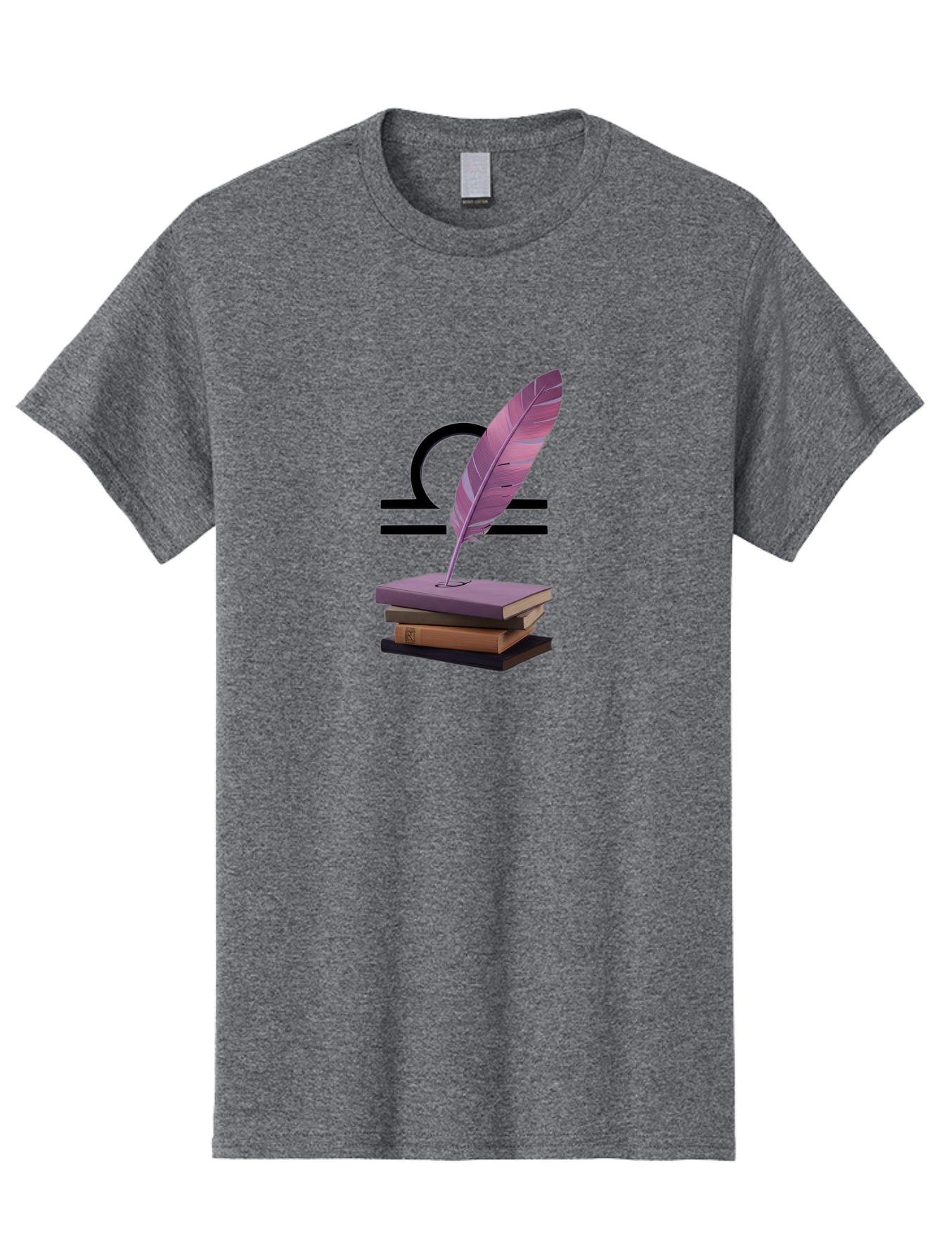 Libra-Quill Men'S Graphic Tee, 100% Cotton, Comfortable Casual Summer Wear, Machine Washable, Quill Pen On Notebook, Libra Symbol, Astrology, Writing, Journaling, Creativity, Self-Expression, Zodiac Sign, Purple Quill, Stacked Books Bae216