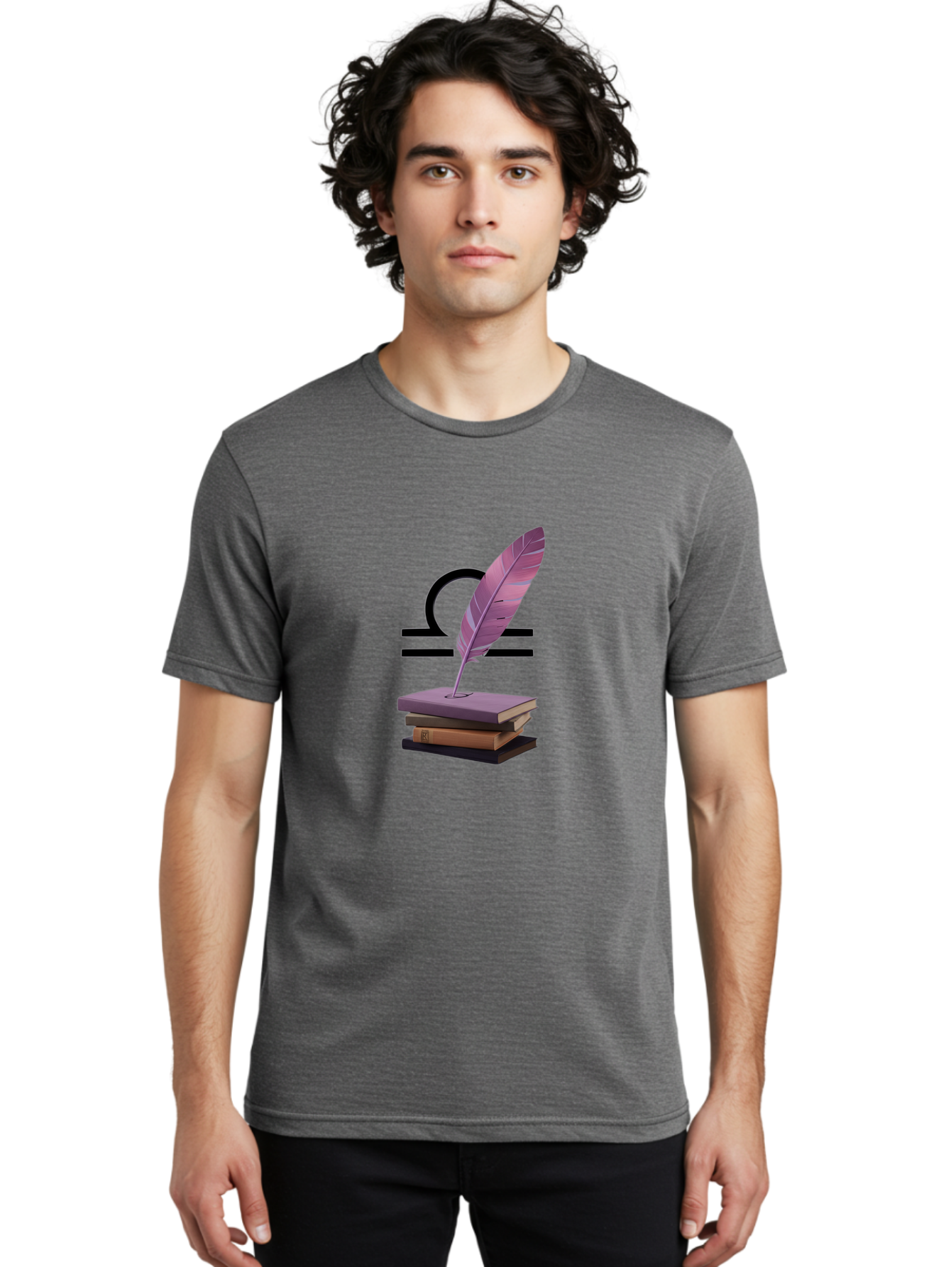Libra-Quill Men'S Graphic Tee, 100% Cotton, Comfortable Casual Summer Wear, Machine Washable, Quill Pen On Notebook, Libra Symbol, Astrology, Writing, Journaling, Creativity, Self-Expression, Zodiac Sign, Purple Quill, Stacked Books Bae216