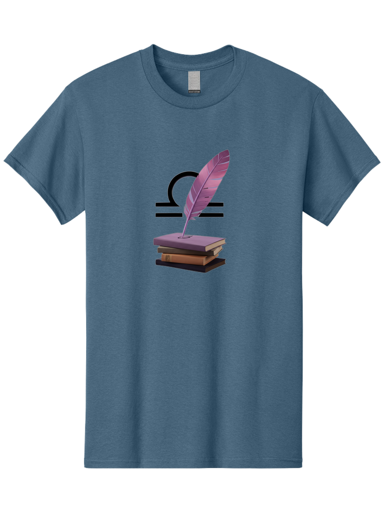 Libra-Quill Men'S Graphic Tee, 100% Cotton, Comfortable Casual Summer Wear, Machine Washable, Quill Pen On Notebook, Libra Symbol, Astrology, Writing, Journaling, Creativity, Self-Expression, Zodiac Sign, Purple Quill, Stacked Books Bae216