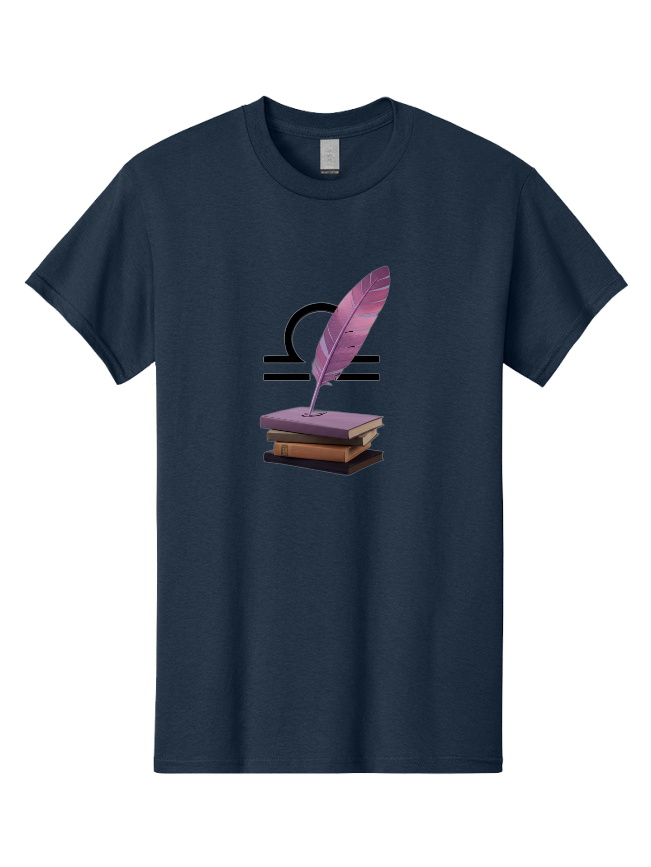 Libra-Quill Men'S Graphic Tee, 100% Cotton, Comfortable Casual Summer Wear, Machine Washable, Quill Pen On Notebook, Libra Symbol, Astrology, Writing, Journaling, Creativity, Self-Expression, Zodiac Sign, Purple Quill, Stacked Books Bae216