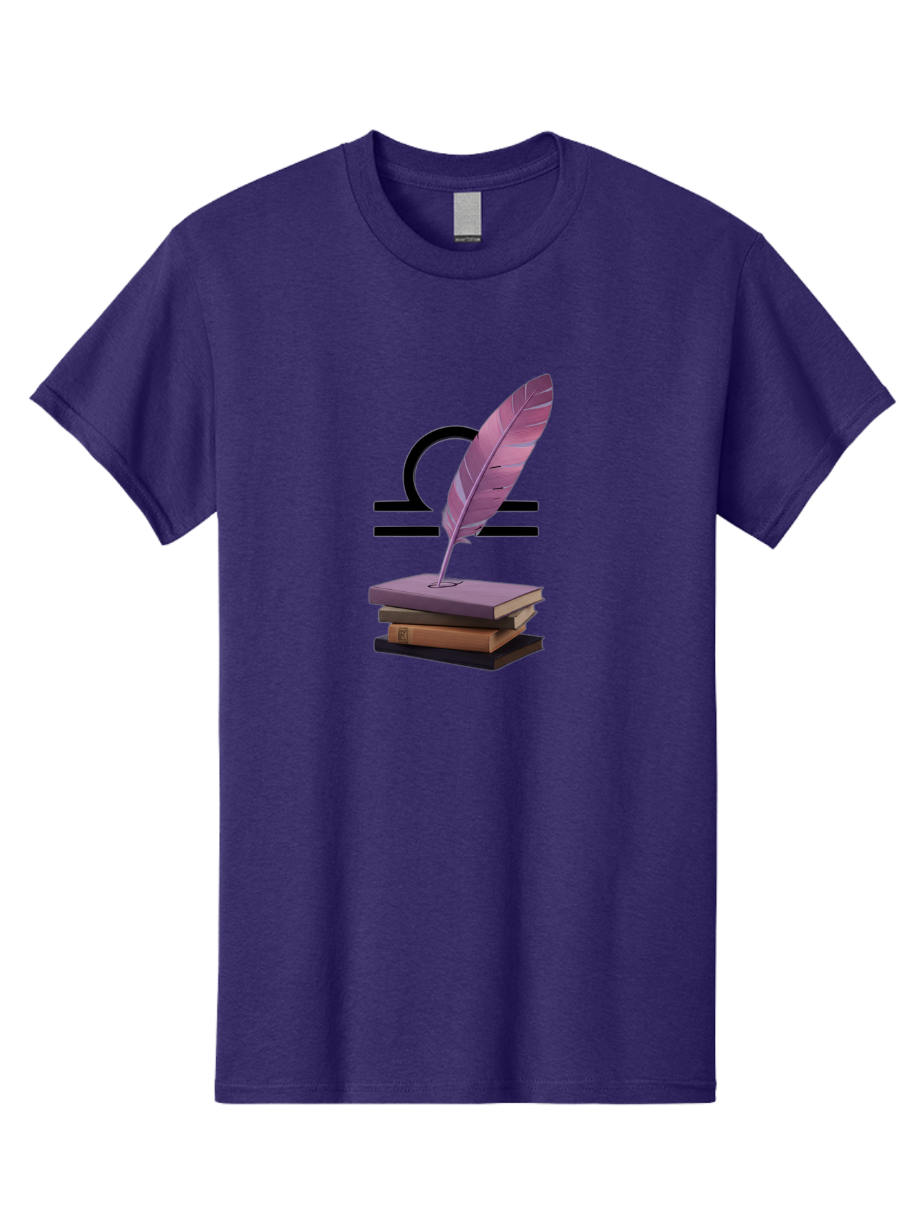 Libra-Quill Men'S Graphic Tee, 100% Cotton, Comfortable Casual Summer Wear, Machine Washable, Quill Pen On Notebook, Libra Symbol, Astrology, Writing, Journaling, Creativity, Self-Expression, Zodiac Sign, Purple Quill, Stacked Books Bae216