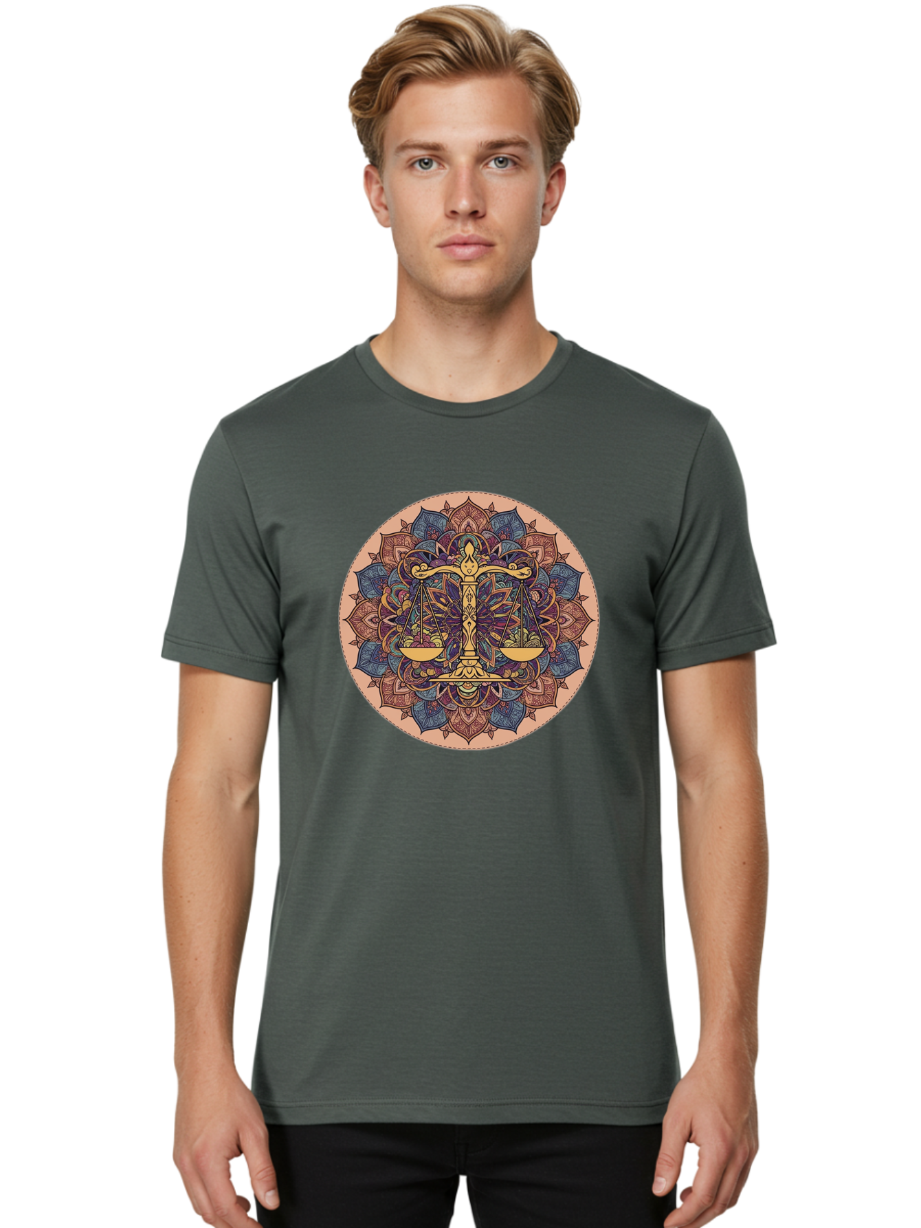Libra-Scales-Mandala Men'S Graphic Tee, 100% Cotton, Comfortable Casual Summer Wear, Machine Washable, Libra Scales, Intricate Mandala Design, Floral Patterns, Balance And Harmony, Astrology Symbol, Zodiac Sign, Decorative Art, Mystical Vibes, Bae217