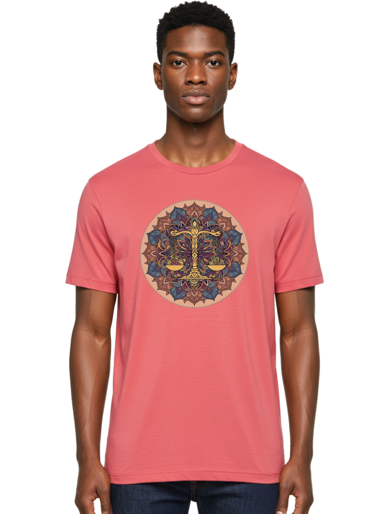Libra-Scales-Mandala Men'S Graphic Tee, 100% Cotton, Comfortable Casual Summer Wear, Machine Washable, Libra Scales, Intricate Mandala Design, Floral Patterns, Balance And Harmony, Astrology Symbol, Zodiac Sign, Decorative Art, Mystical Vibes, Bae217