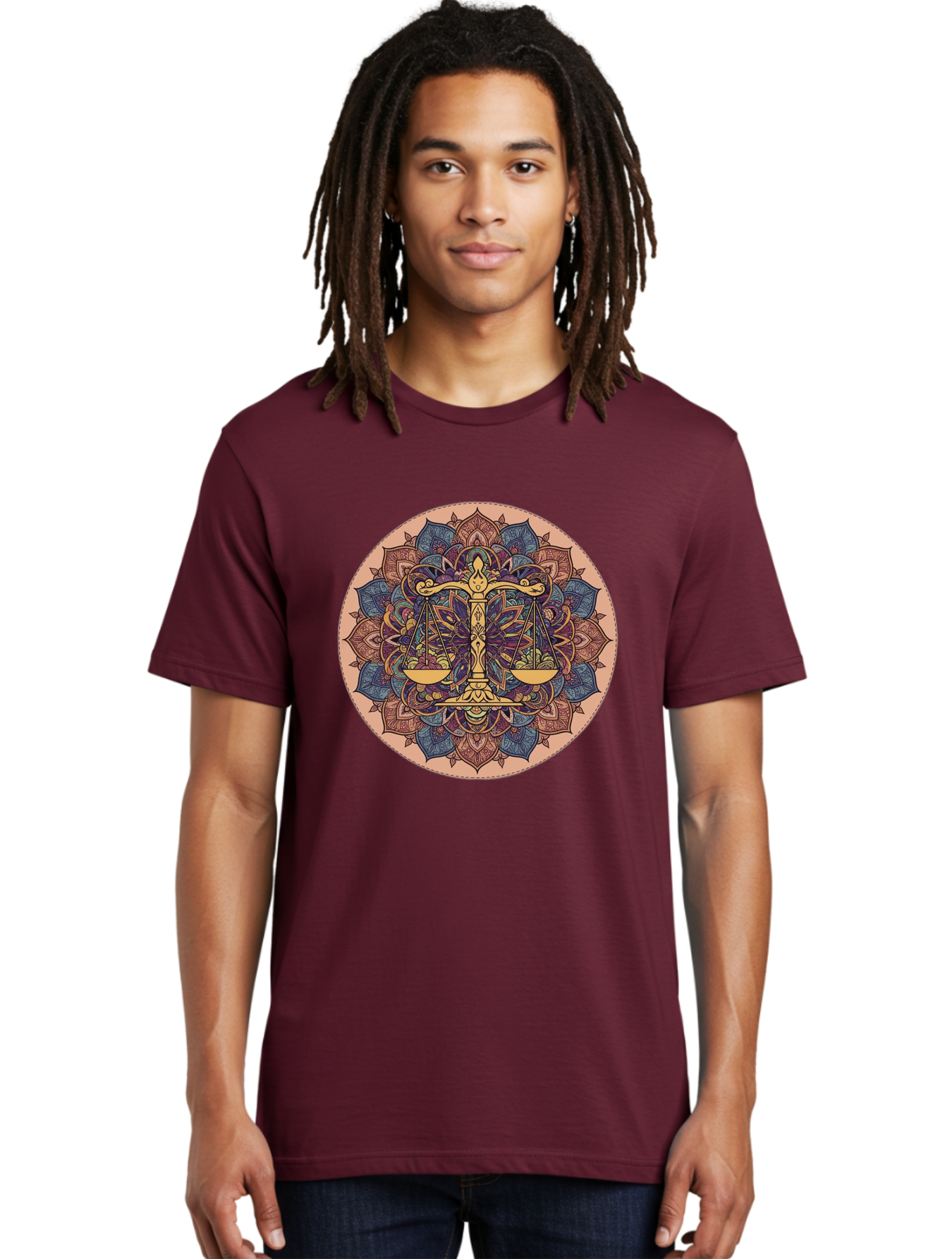 Libra-Scales-Mandala Men'S Graphic Tee, 100% Cotton, Comfortable Casual Summer Wear, Machine Washable, Libra Scales, Intricate Mandala Design, Floral Patterns, Balance And Harmony, Astrology Symbol, Zodiac Sign, Decorative Art, Mystical Vibes, Bae217