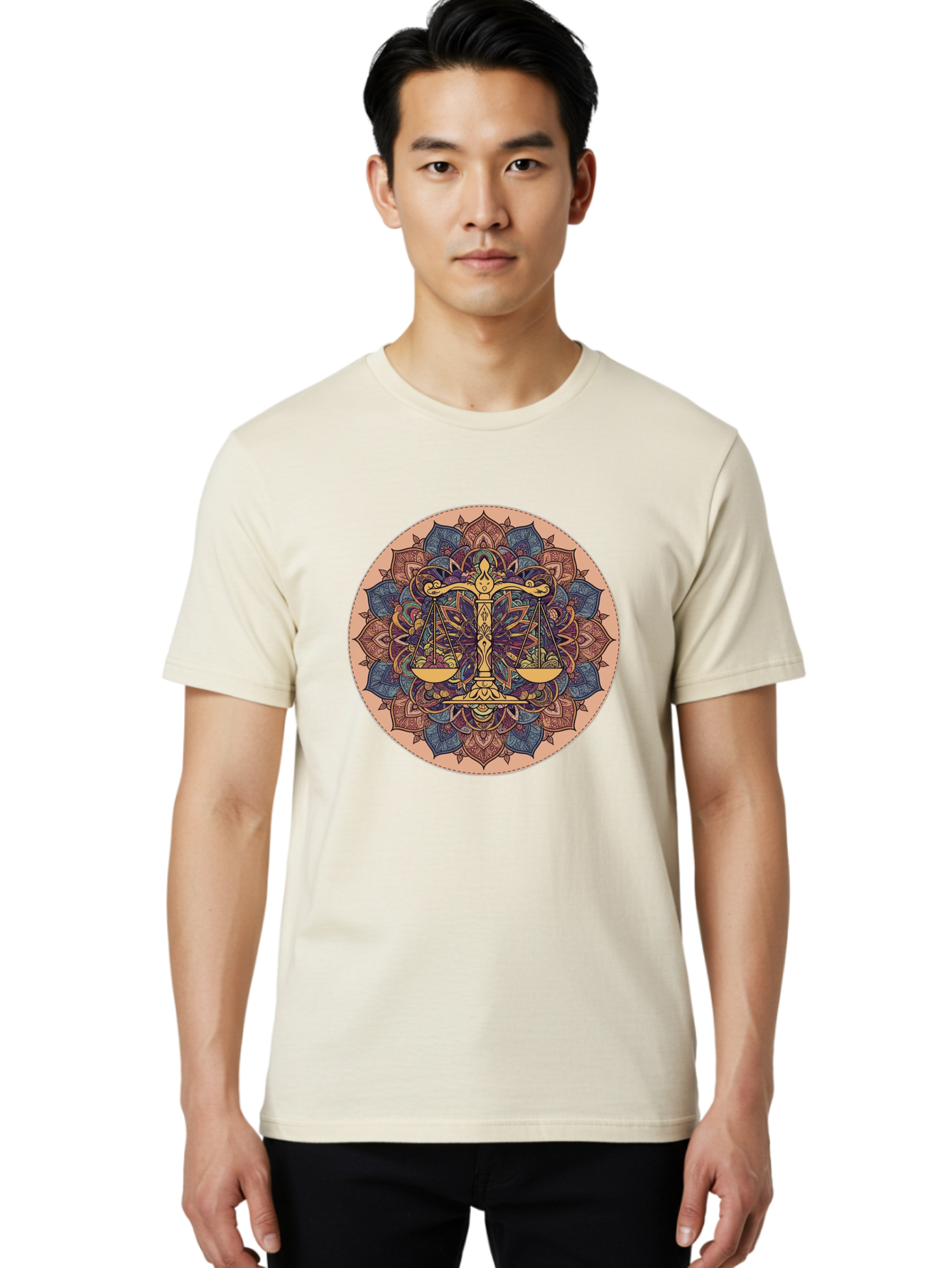 Libra-Scales-Mandala Men'S Graphic Tee, 100% Cotton, Comfortable Casual Summer Wear, Machine Washable, Libra Scales, Intricate Mandala Design, Floral Patterns, Balance And Harmony, Astrology Symbol, Zodiac Sign, Decorative Art, Mystical Vibes, Bae217