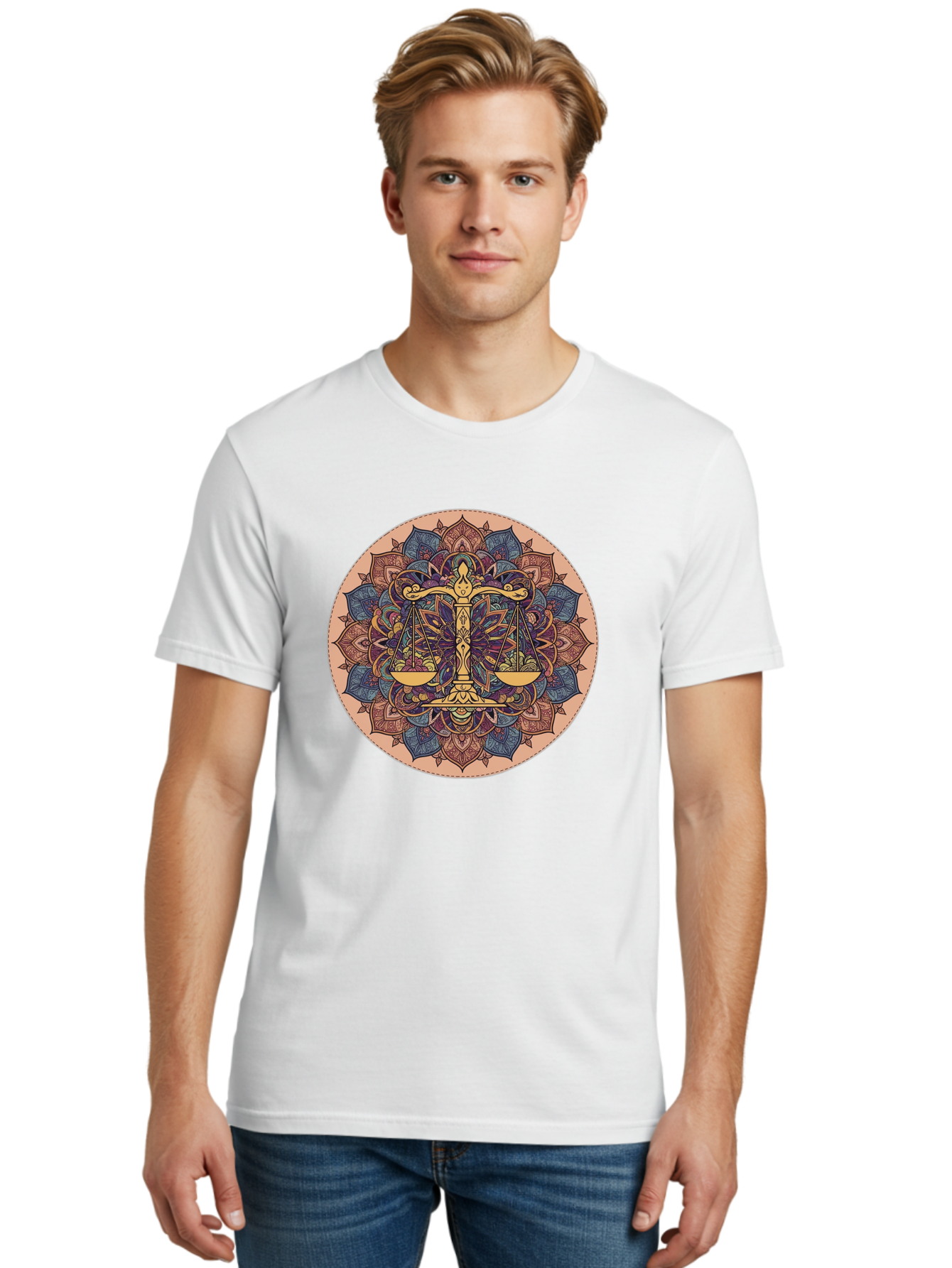 Libra-Scales-Mandala Men'S Graphic Tee, 100% Cotton, Comfortable Casual Summer Wear, Machine Washable, Libra Scales, Intricate Mandala Design, Floral Patterns, Balance And Harmony, Astrology Symbol, Zodiac Sign, Decorative Art, Mystical Vibes, Bae217