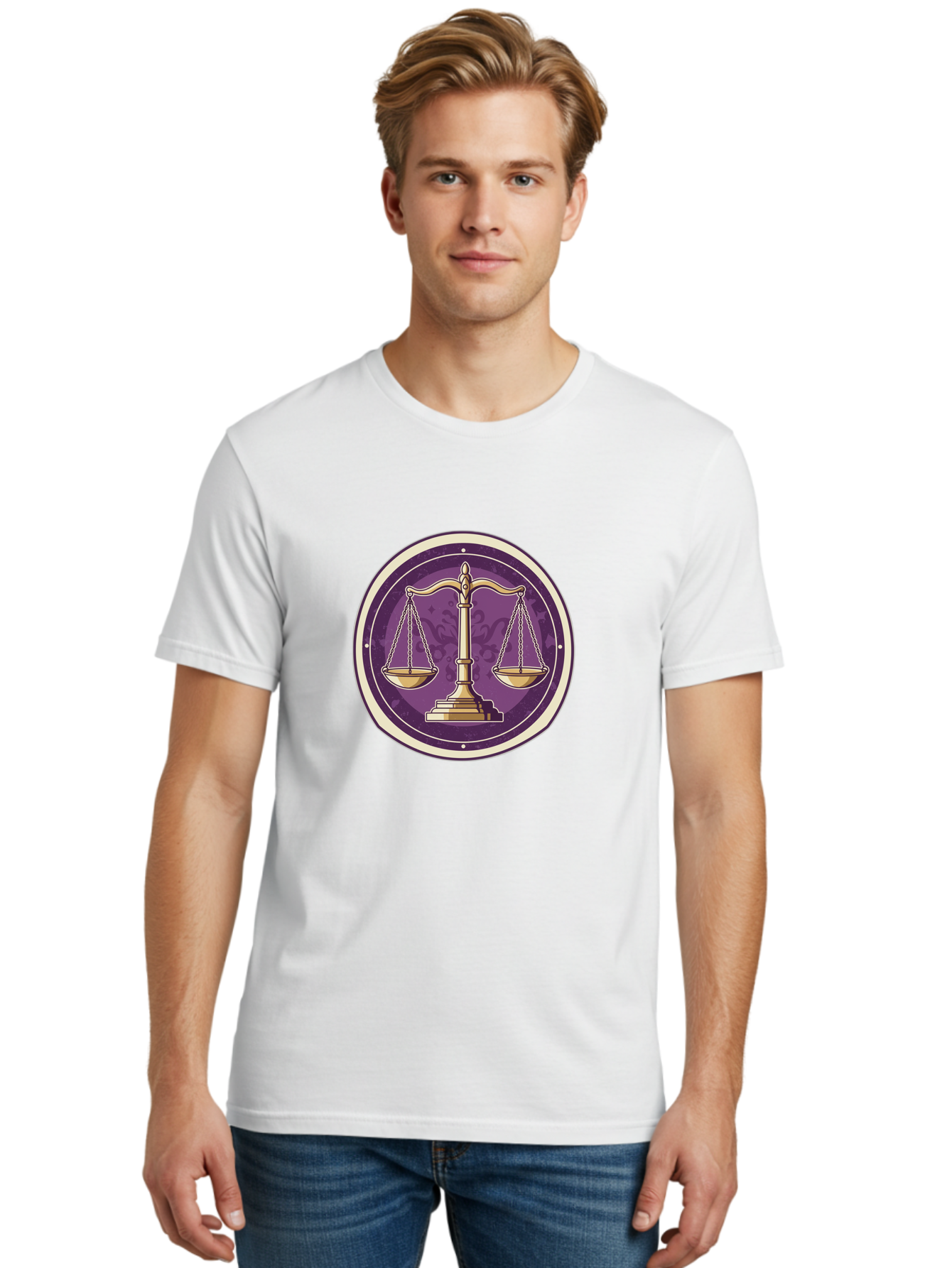 Libra-Scales Men'S Graphic Tee, 100% Cotton, Comfortable Casual Summer Wear, Machine Washable, Scales Of Justice, Balance And Harmony, Libra Zodiac Sign, Gold Scales, Purple Circle, Justice Symbol, Equilibrium, Fairness, Astrology Symbol Bae218