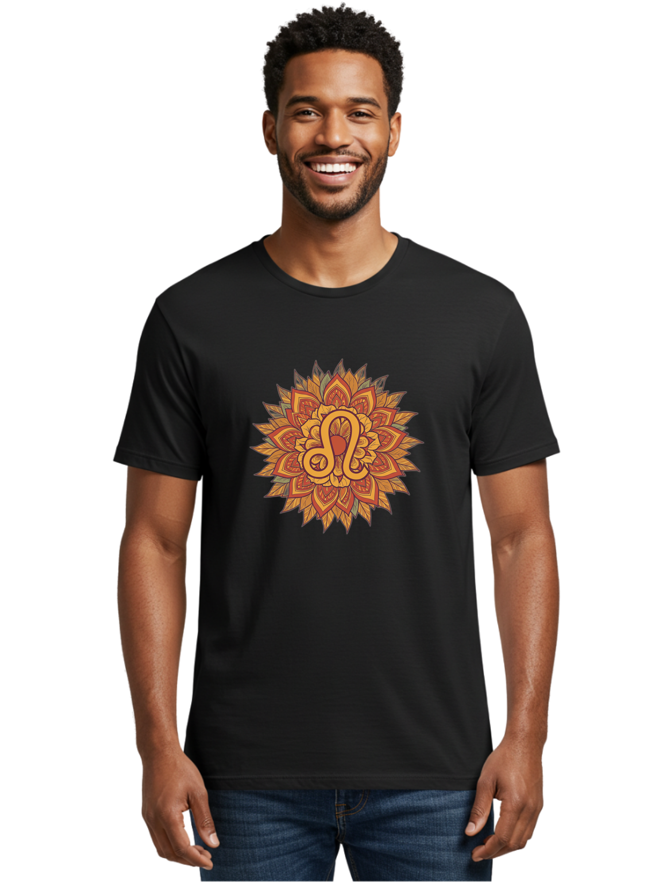 Libra-Symbol-Mandala Men'S Graphic Tee, 100% Cotton, Comfortable Casual Summer Wear, Machine Washable, Libra Symbol, Intricate Mandala Design, Floral Patterns, Orange And Red Hues, Symbolic Representation, Astrological Sign, Zodiac Art, Bae219