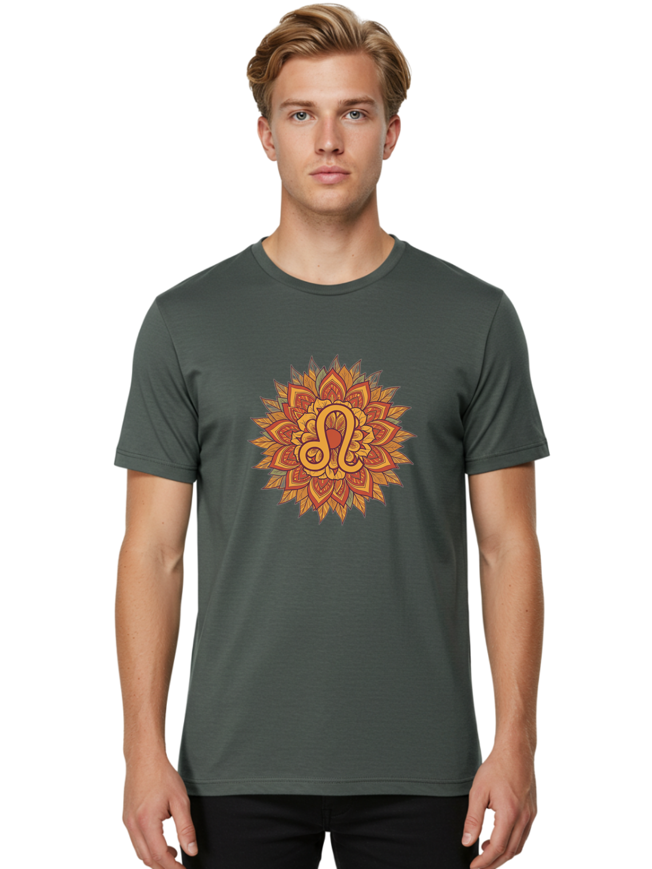 Libra-Symbol-Mandala Men'S Graphic Tee, 100% Cotton, Comfortable Casual Summer Wear, Machine Washable, Libra Symbol, Intricate Mandala Design, Floral Patterns, Orange And Red Hues, Symbolic Representation, Astrological Sign, Zodiac Art, Bae219