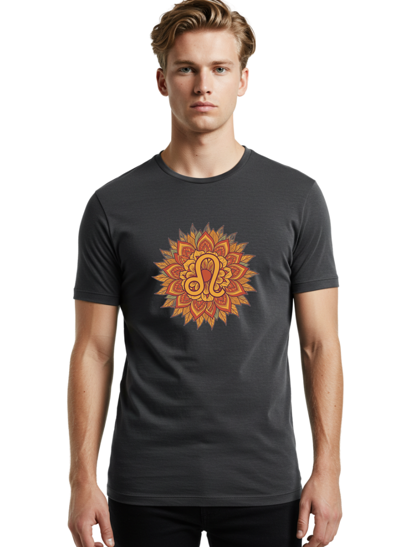 Libra-Symbol-Mandala Men'S Graphic Tee, 100% Cotton, Comfortable Casual Summer Wear, Machine Washable, Libra Symbol, Intricate Mandala Design, Floral Patterns, Orange And Red Hues, Symbolic Representation, Astrological Sign, Zodiac Art, Bae219