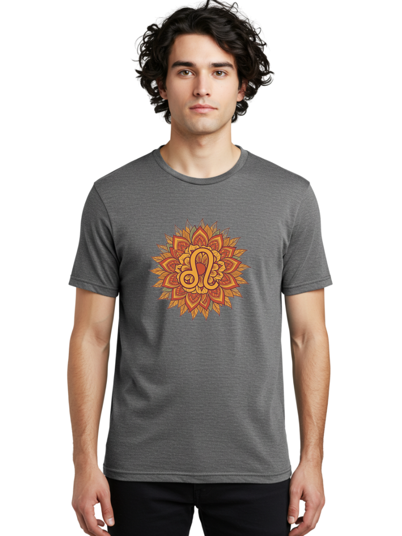Libra-Symbol-Mandala Men'S Graphic Tee, 100% Cotton, Comfortable Casual Summer Wear, Machine Washable, Libra Symbol, Intricate Mandala Design, Floral Patterns, Orange And Red Hues, Symbolic Representation, Astrological Sign, Zodiac Art, Bae219