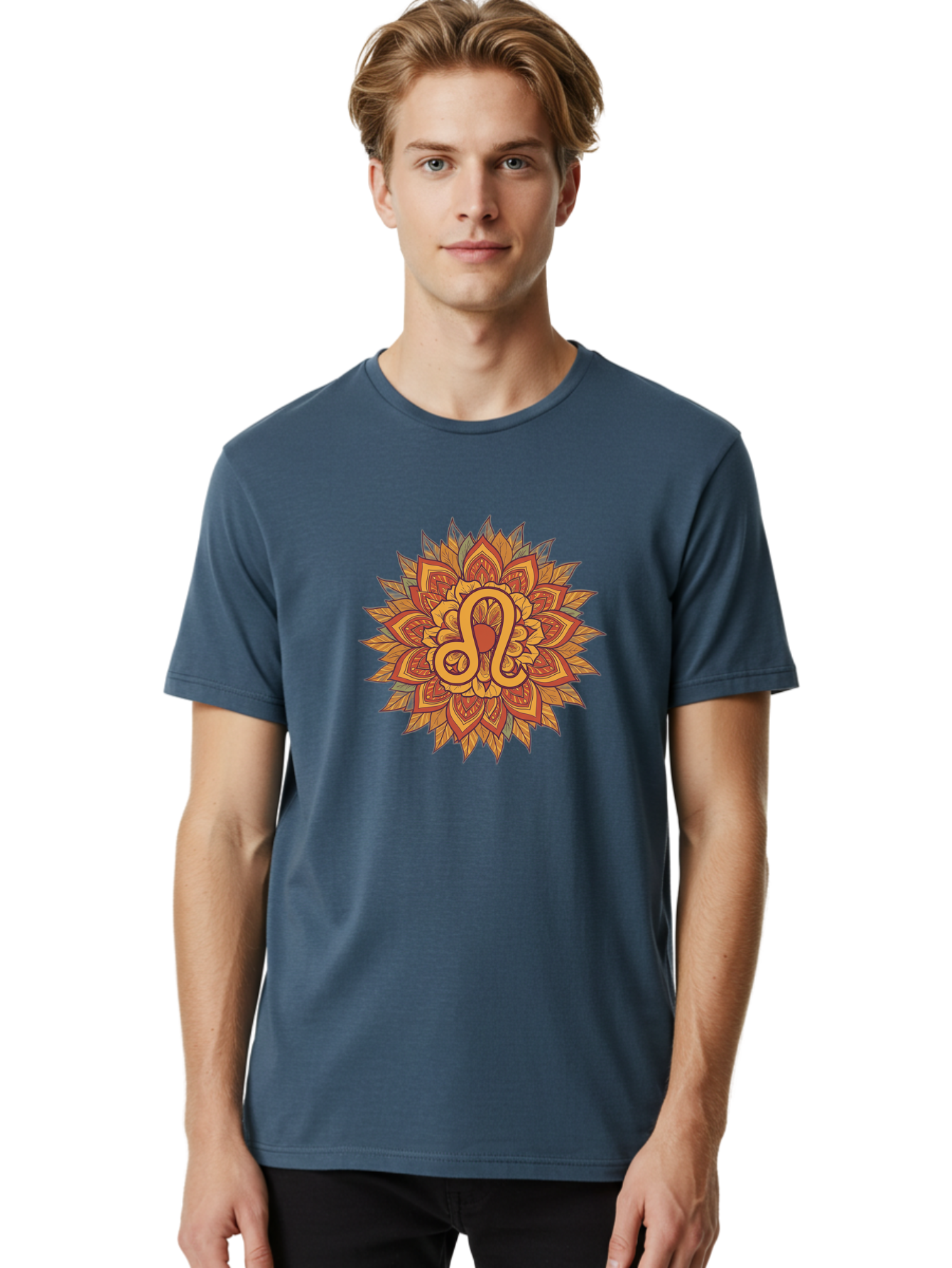 Libra-Symbol-Mandala Men'S Graphic Tee, 100% Cotton, Comfortable Casual Summer Wear, Machine Washable, Libra Symbol, Intricate Mandala Design, Floral Patterns, Orange And Red Hues, Symbolic Representation, Astrological Sign, Zodiac Art, Bae219