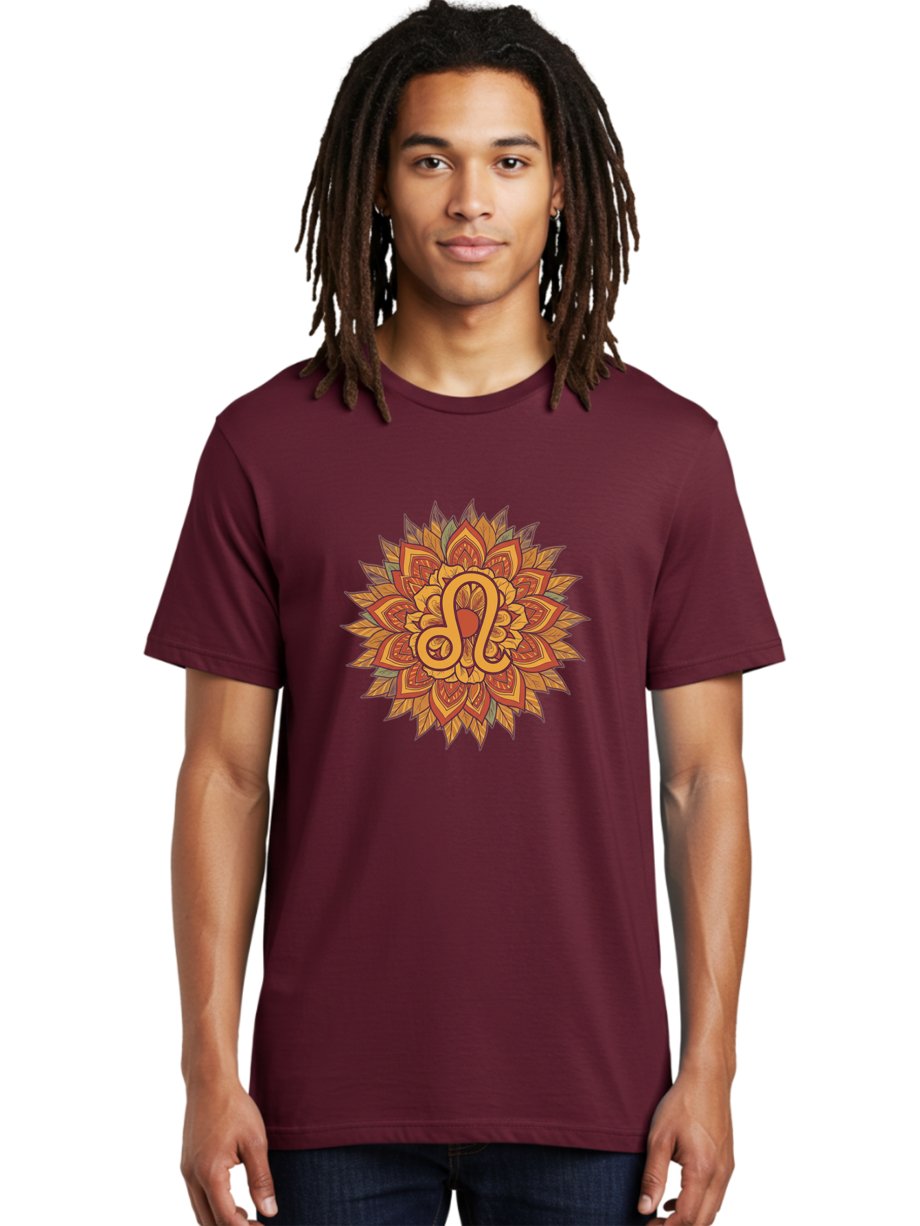 Libra-Symbol-Mandala Men'S Graphic Tee, 100% Cotton, Comfortable Casual Summer Wear, Machine Washable, Libra Symbol, Intricate Mandala Design, Floral Patterns, Orange And Red Hues, Symbolic Representation, Astrological Sign, Zodiac Art, Bae219
